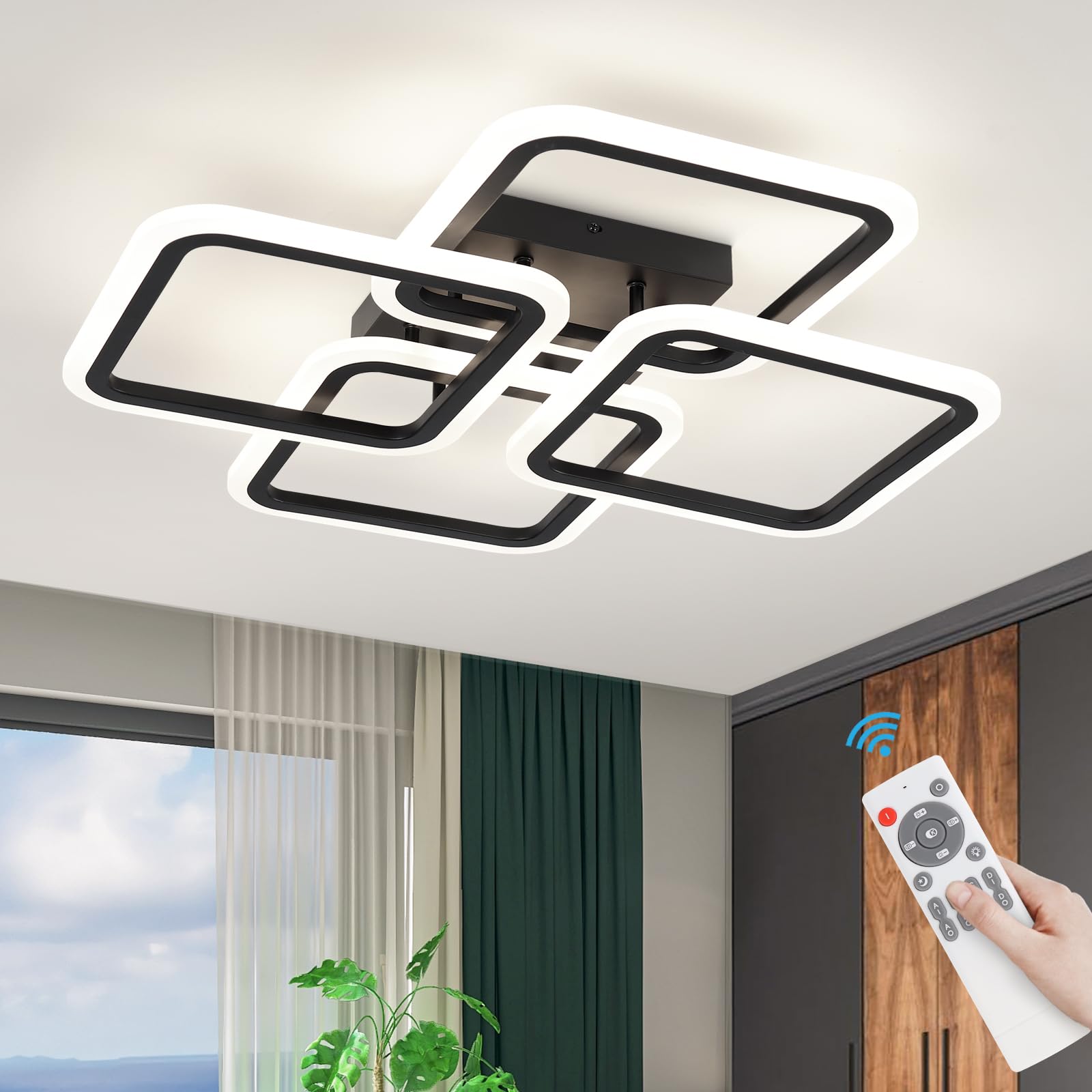 HLILCEH LED Ceiling Light 50W Dimmable Square Flush Mount 23.6inch Black Acrylic Model CL-4FDBK-D