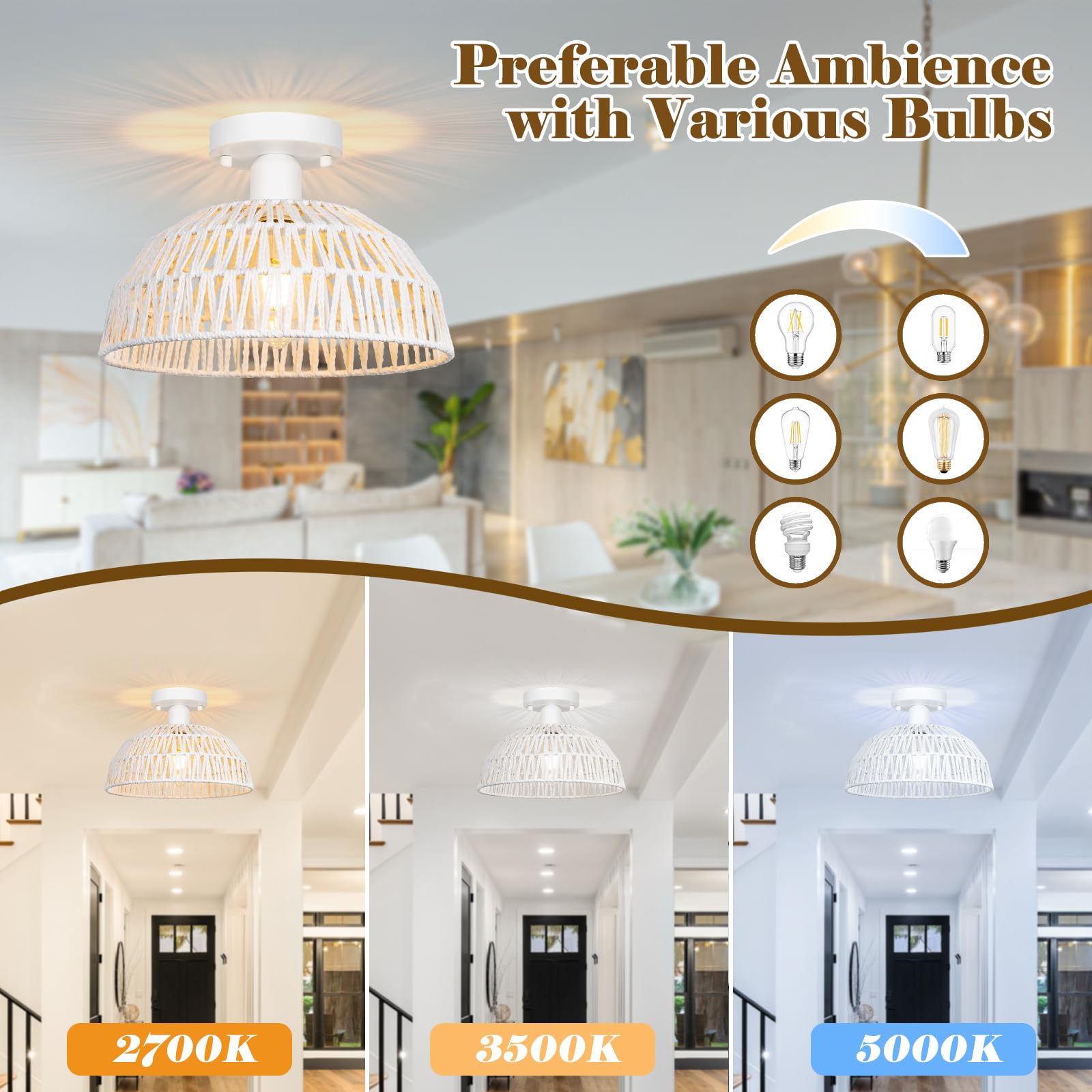 Rattan Ceiling Light Fixtures 2 Packs-White Rustic Woven Basket Flush Mount Ceiling Light, Handmade Wicker Ceiling Lamp, Rattan