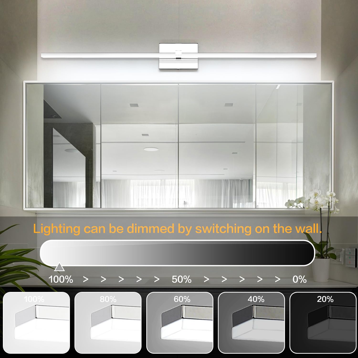 Zuzito Modern Bathroom Vanity Light 48 Inch, 32W Dimmable 5Cct Led Bathroom Light Fixture Over Mirror, Chrome Vanity Lights Bar