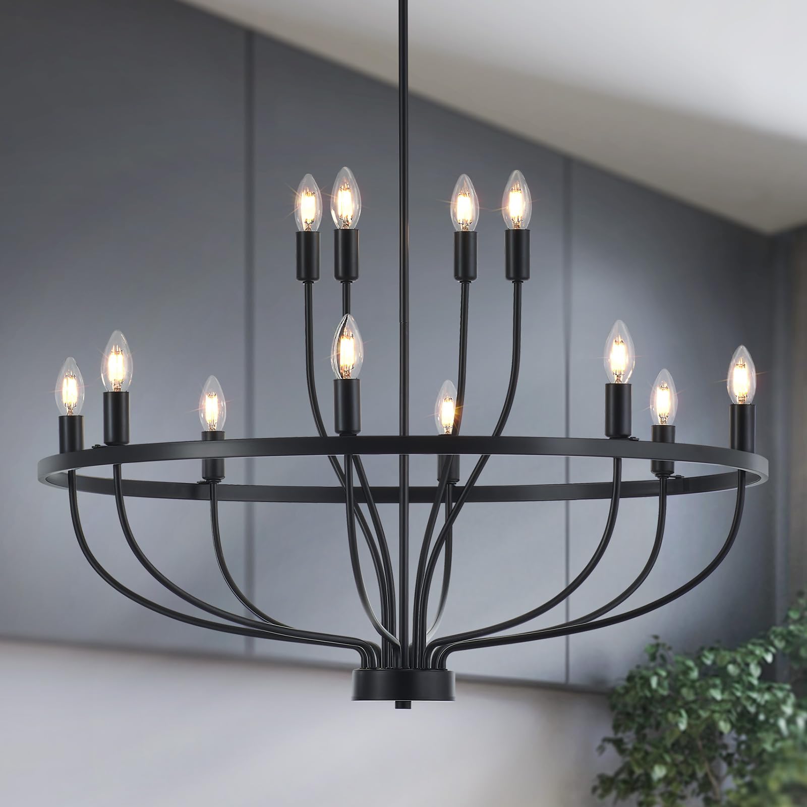 Widluth 33.5'' Industrial Black Chandelier Vintage 12-Lights Rustic Candle Style Chandeliers Light Fixture Retro Farmhouse Black