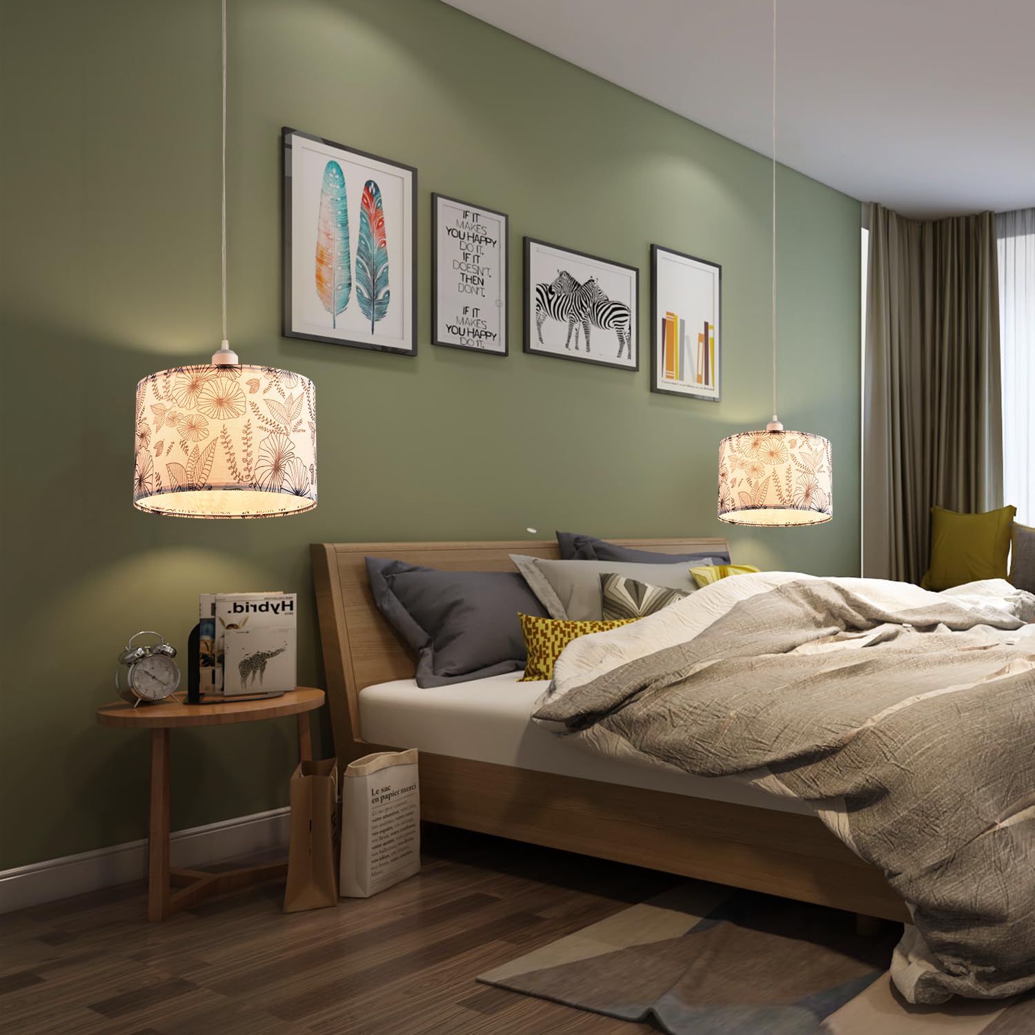 Ihengyanlt 2 Pack Plug In Pendant Light, Hanging Light With 15Ft Clear Cord, On/Off Switch, Flower Fabric Lamp Shade, Hanging Li