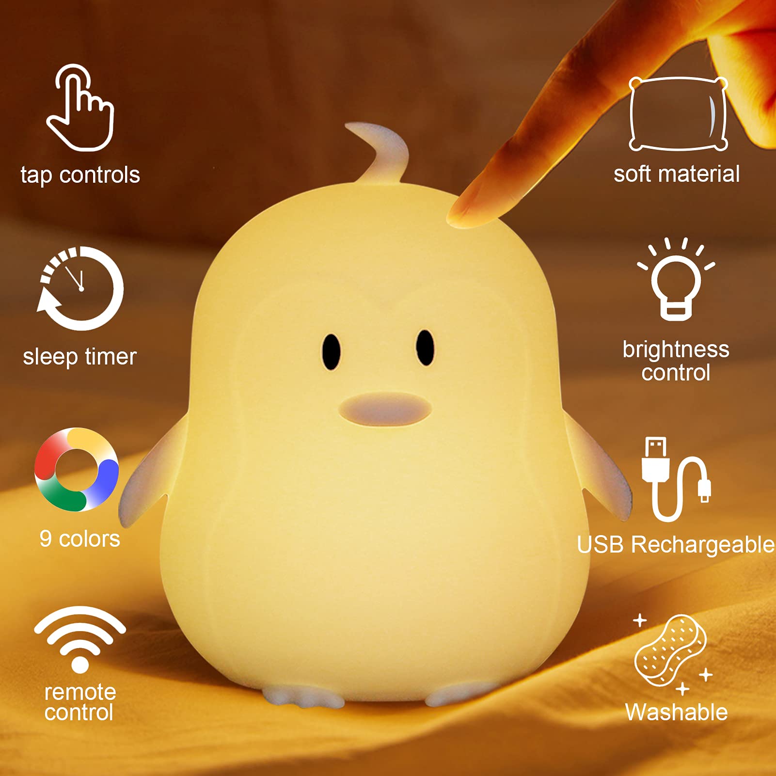 Kids Night Light Penguin Gifts Night Lights - Lamp 9 Colors Cute Animal Desk Lamp Cool Aesthetic Portable LED Tap Nightlight Bat