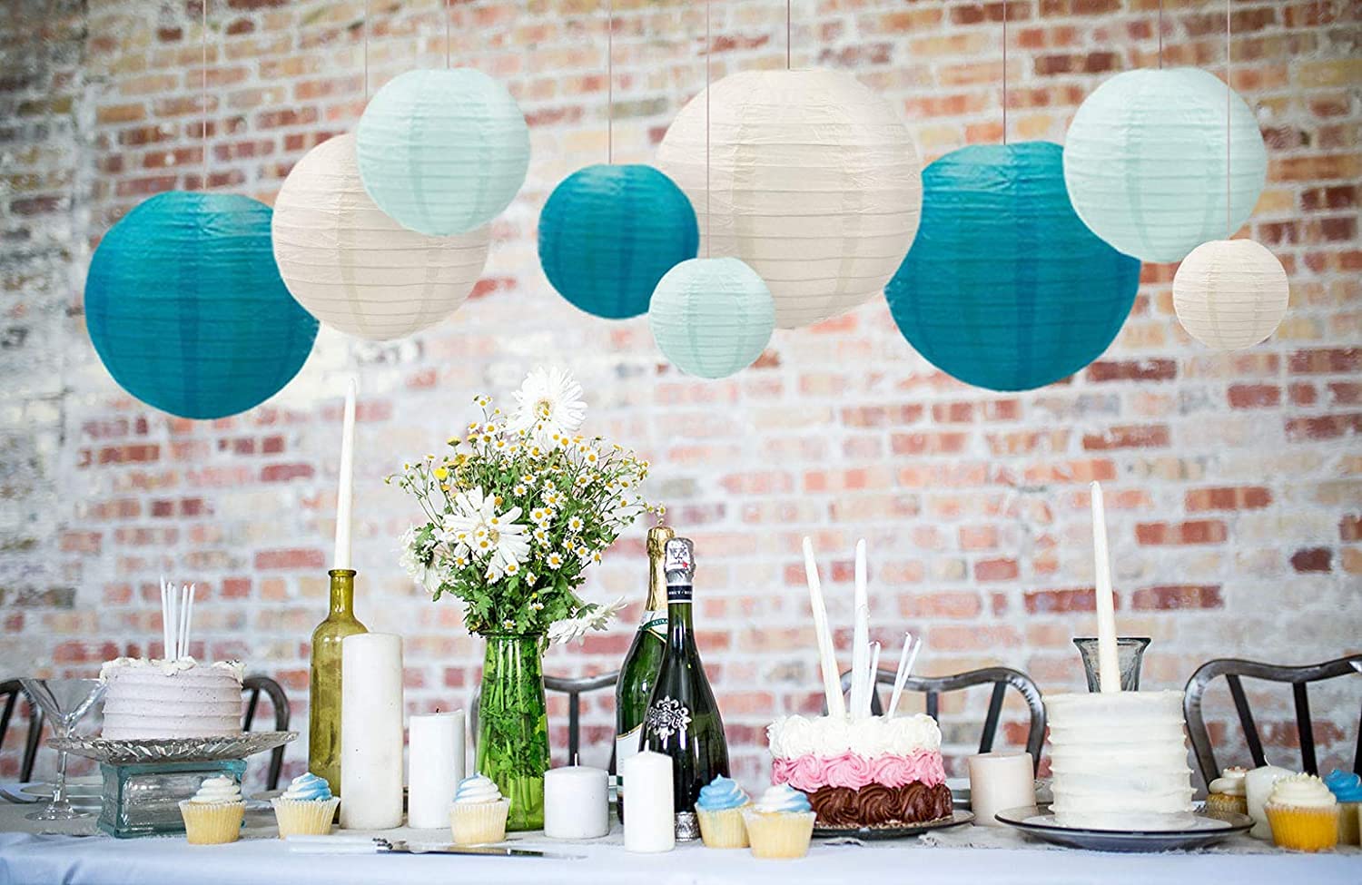 UNIQOOO Paper Lantern Decoration Set, 18PCS Ocean Blue, Assorted Sizes, Easy Assemble for Weddings, Baby Showers, Birthdays
