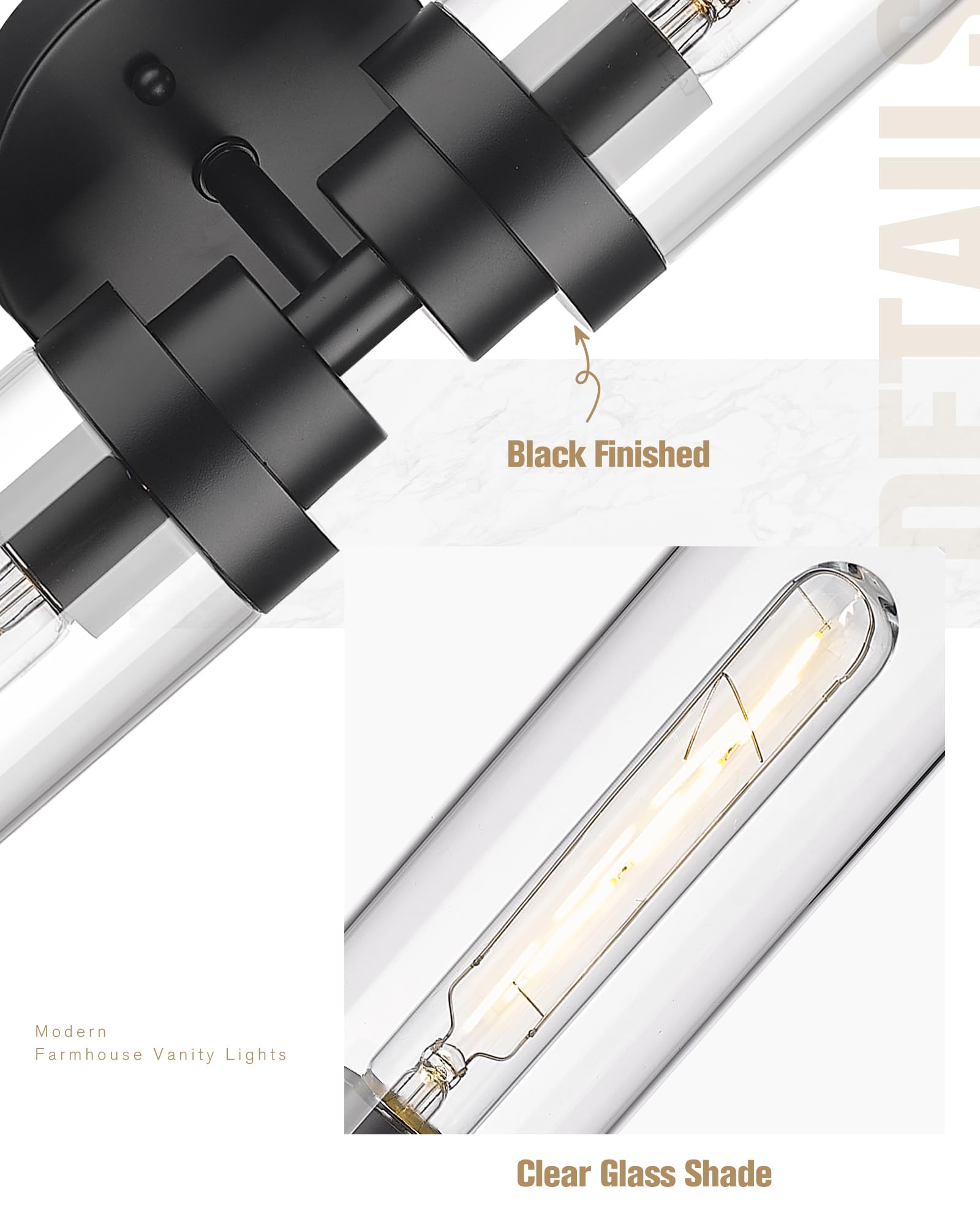 Emak 2 Light Black Vanity Lights For Bathroom,22 Inch Bathroom Light Fixtures Modern Wall Sconces With Clear Glass Shade For Bat