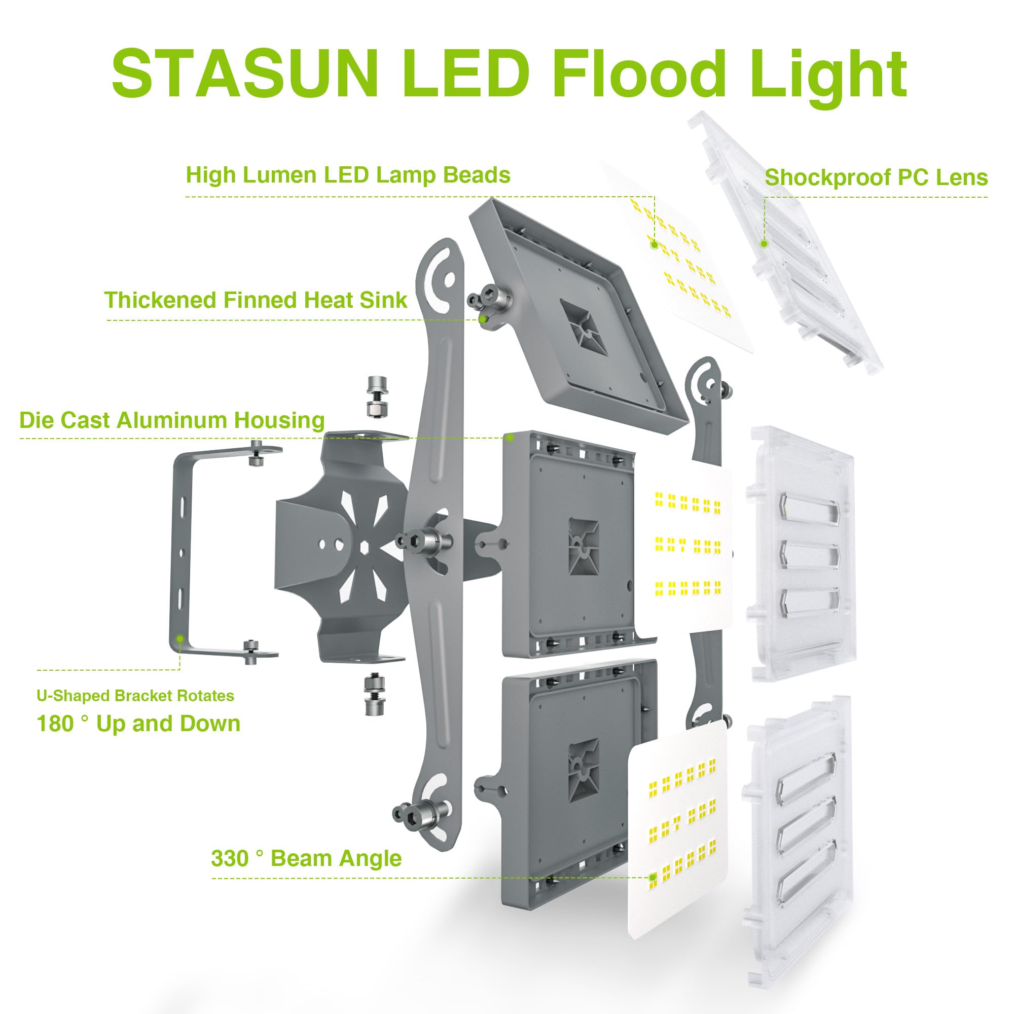Stasun 2 Pack Led Flood Lights Outdoor, 150W 15000Lm 6000K Daylight White Ip66 Waterproof, Commercial Parking Lot Lights, 3 Head