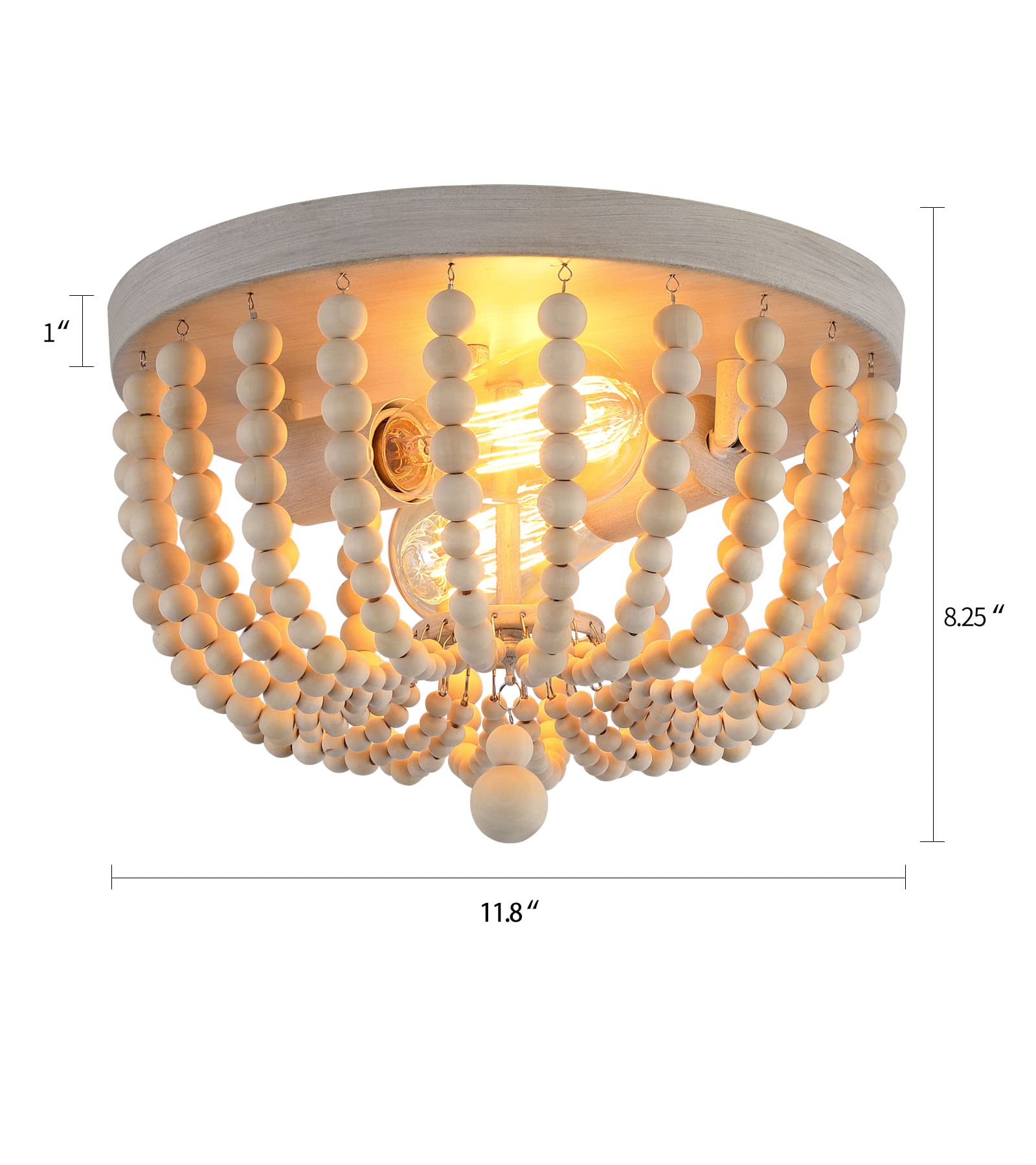 Q&S Boho Chandelier Wood Beaded Flush Mount Ceiling Light Fixtures For Nursery Baby Bedroom Kitchen Hallway,Oak White Finish,2-L