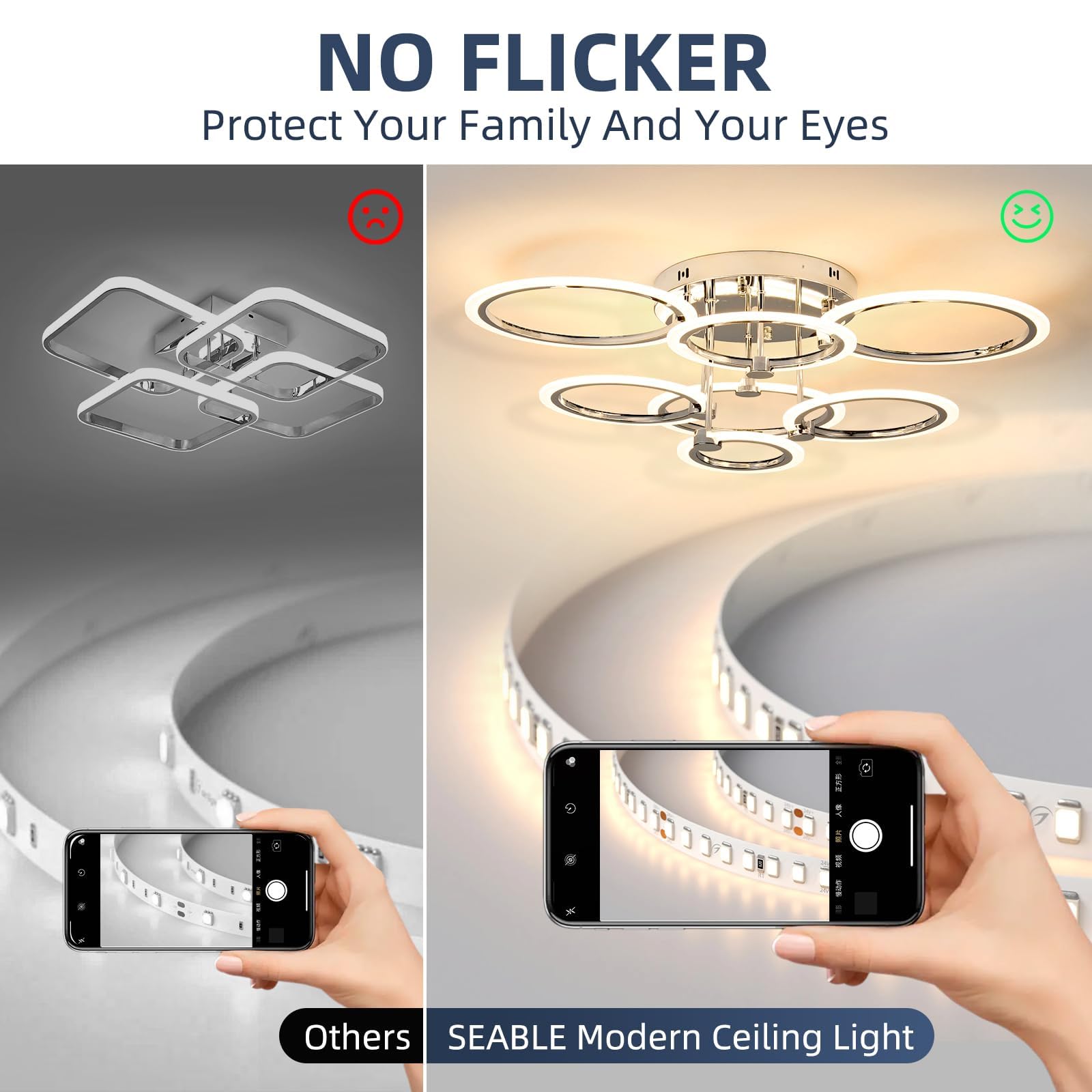 SEABLE 7-Ring LED Flush Mount Ceiling Light - 31.8", Dimmable, Remote Control, Chrome, 130W, 3000K-6500K Adjustable Color Temperature
