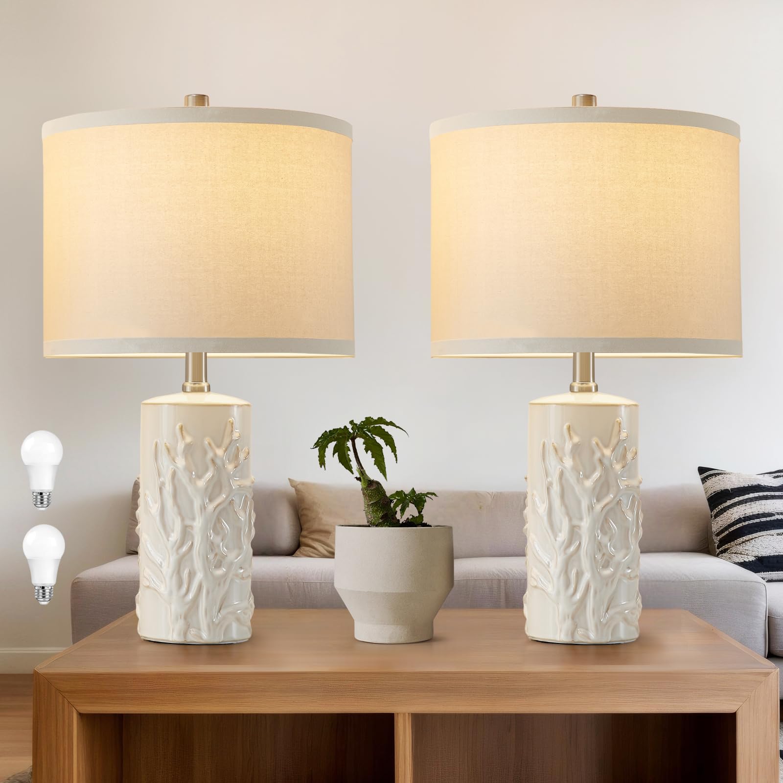 Vintage Farmhouse Table Lamp Set of 2, Tree Trunk Grain Nightstand Lamp with Eye-Protecting Fabric Shade for, 3-Color Temperatur