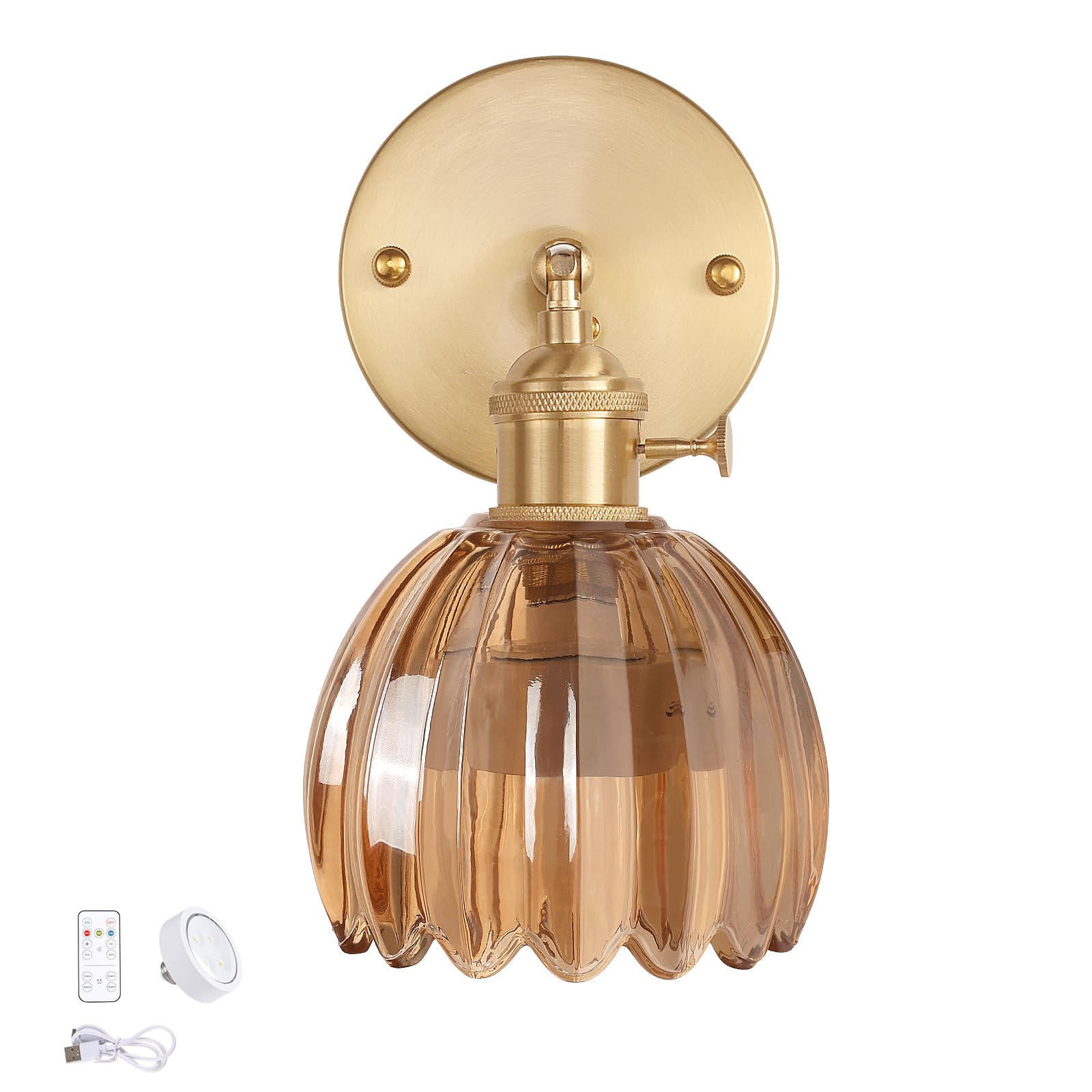 Shenmoyl Vintage Wall Sconce, Battery Operated, Amber Glass Lampshade, Remote Control, Model 1-9330