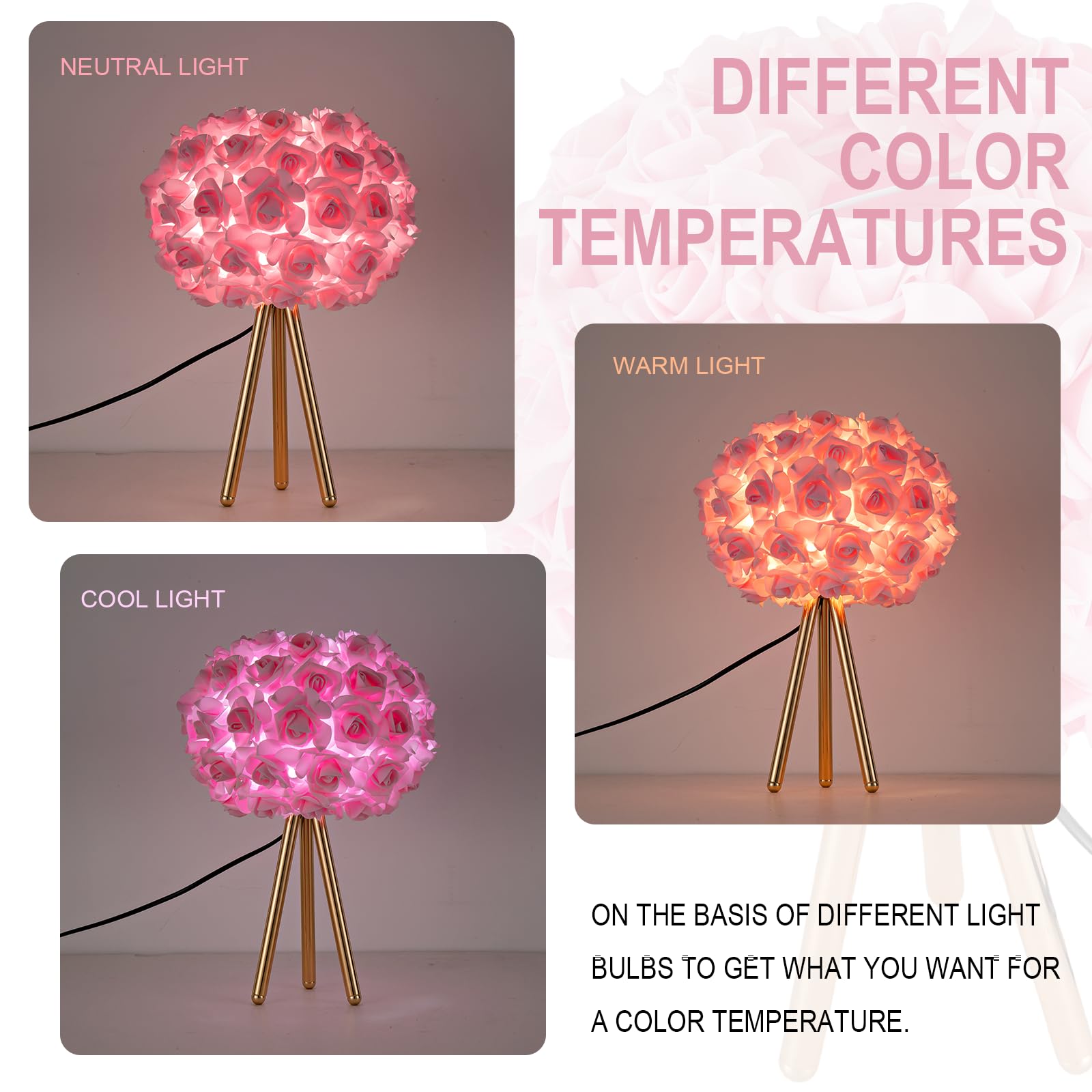 Zyleisenbao Pink Rose Flower Lamp Cute Table Lamp Flower Desk Lamp Floral Bedside Nighstand Light Atmosphere Girls Princess Lamp With Gold Tripod For Bedroom Wedding Christmas Gift Hotel Living Room