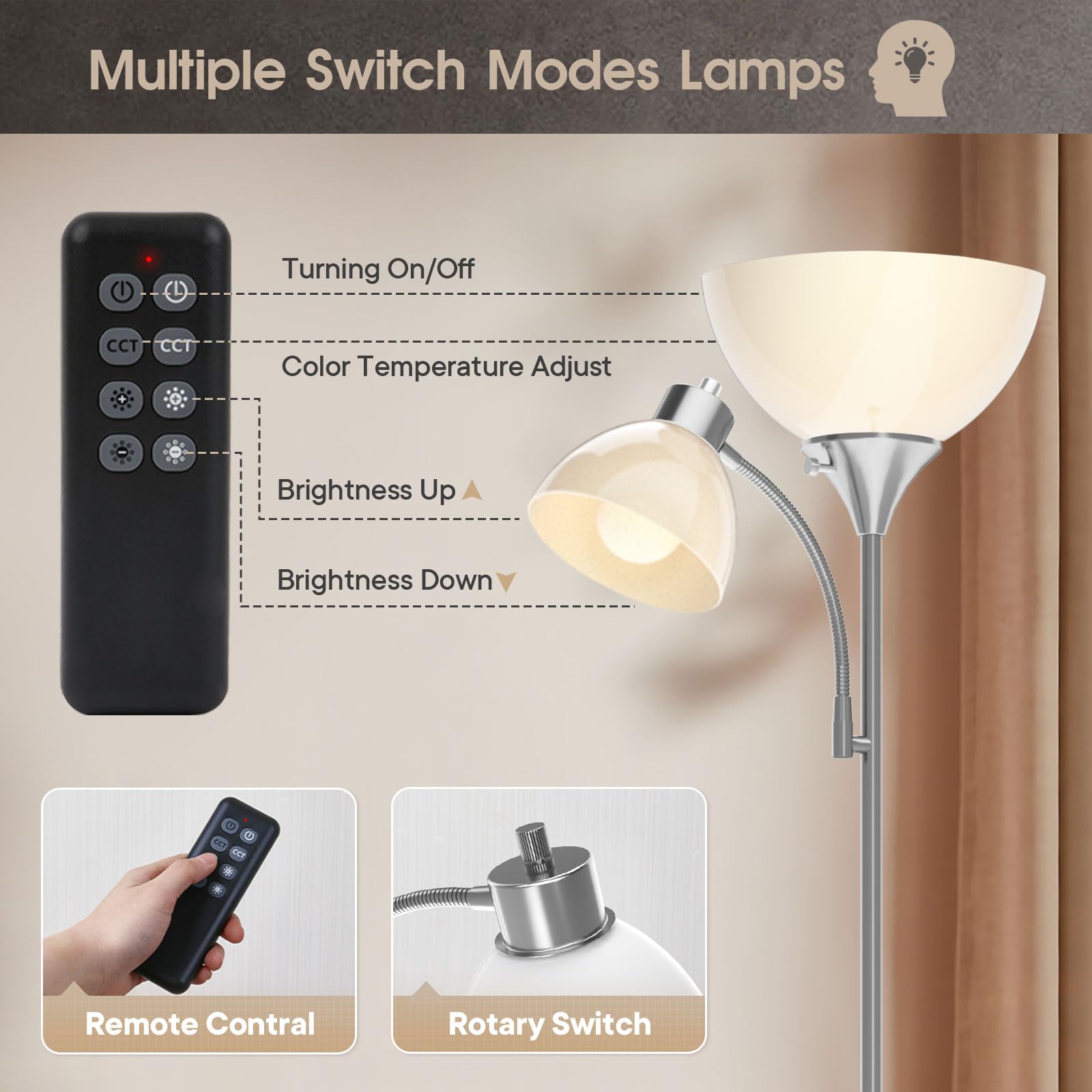 GERGO Floor Lamp with Remote Control, LED Torchiere, 4 Color Temperatures, Brushed Nickel
