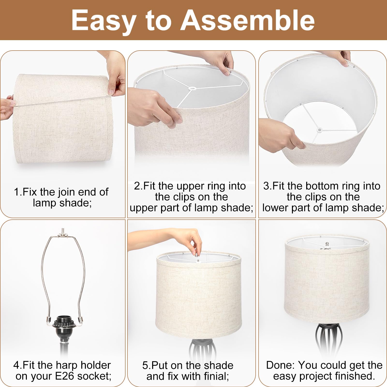 Seaside Village Drum Lampshades Set of 2, Beige Natural Linen, 11.6"x12.6"x9.8", Spider Fitter, Hand Crafted, Easy Assembly