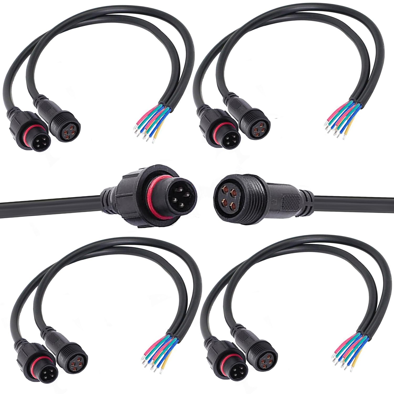 Qofowin 4 Wire Waterproof Connector, 4 Pin Male Female Plug Led Connector,With 16Awg Ip68 20Cm Extension Cable For Car, Boat,Truck,Indoor/Outdoor Led Strip Lights(4Pin 5Pairs)