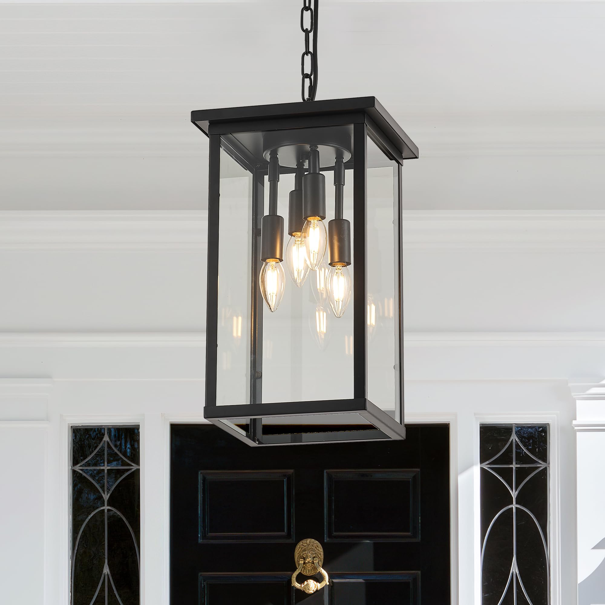 lighceac 10'' Modern 4-Light Exterior Black Square Lantern Pendant Light Fixture with Clear Glass Industrial Hanging Cage Chande