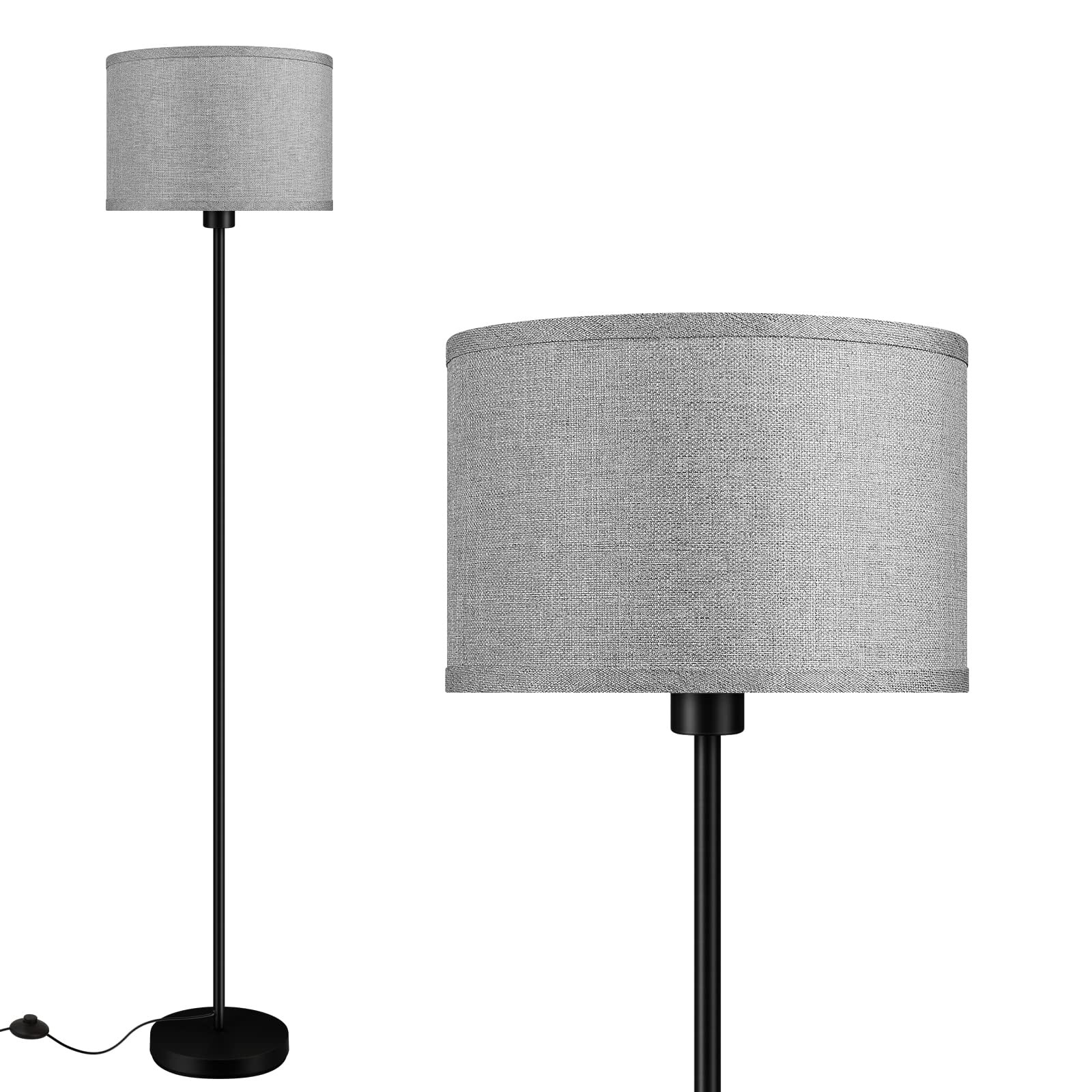 Modern Floor Lamp for Living Room, Bedroom, Office - Grey Shade, Foot Switch, Simple Pole Design