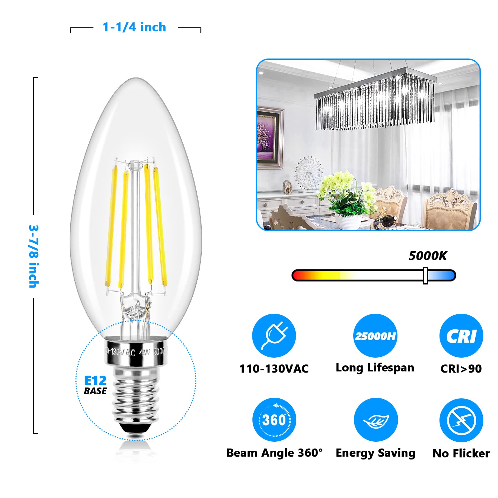 Led Candle Bulbs 40W Equivalent, E12 Candelabra Light 4W 470Lm Clear Edison, Daylight White 5000K B11 Classic Bright Filament, N