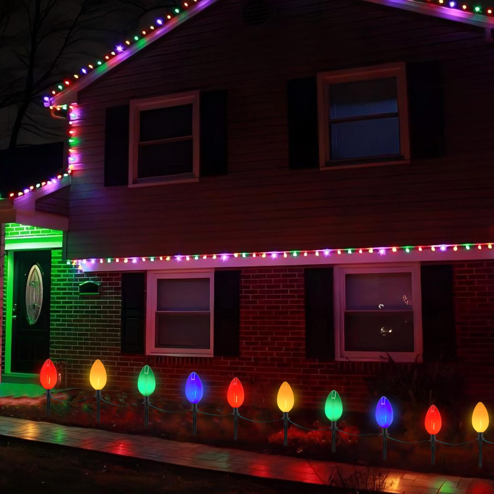 Egcol Jumbo C9 Christmas Pathway Lights Outdoor, 2 Pack 7Ft C9 Christmas Walkway Lights With 4 Led Jumbo Multicolor Bulbs, Chris