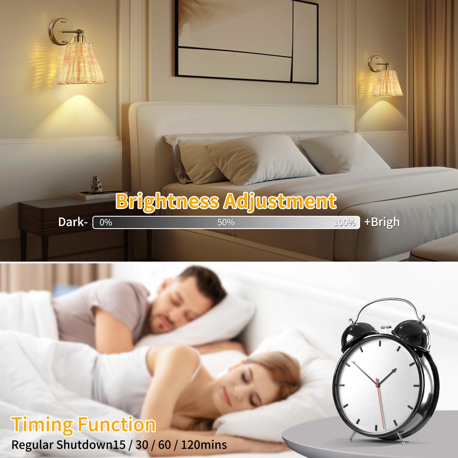 Frideko Rattan Rechargeable Battery Operated Wall Sconces Set Of Two With Remote, 3 Colors Dimmable Wireless Wall Light, 5200Mah