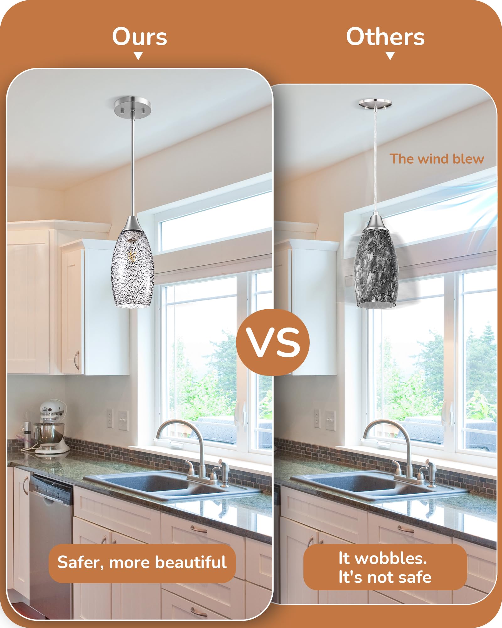 Edishine Pendant Light Fixture, Handcrafted Art Glass Hanging Light, Hardwired Ceiling Light With Grey Seed Glass Shade, Adjusta