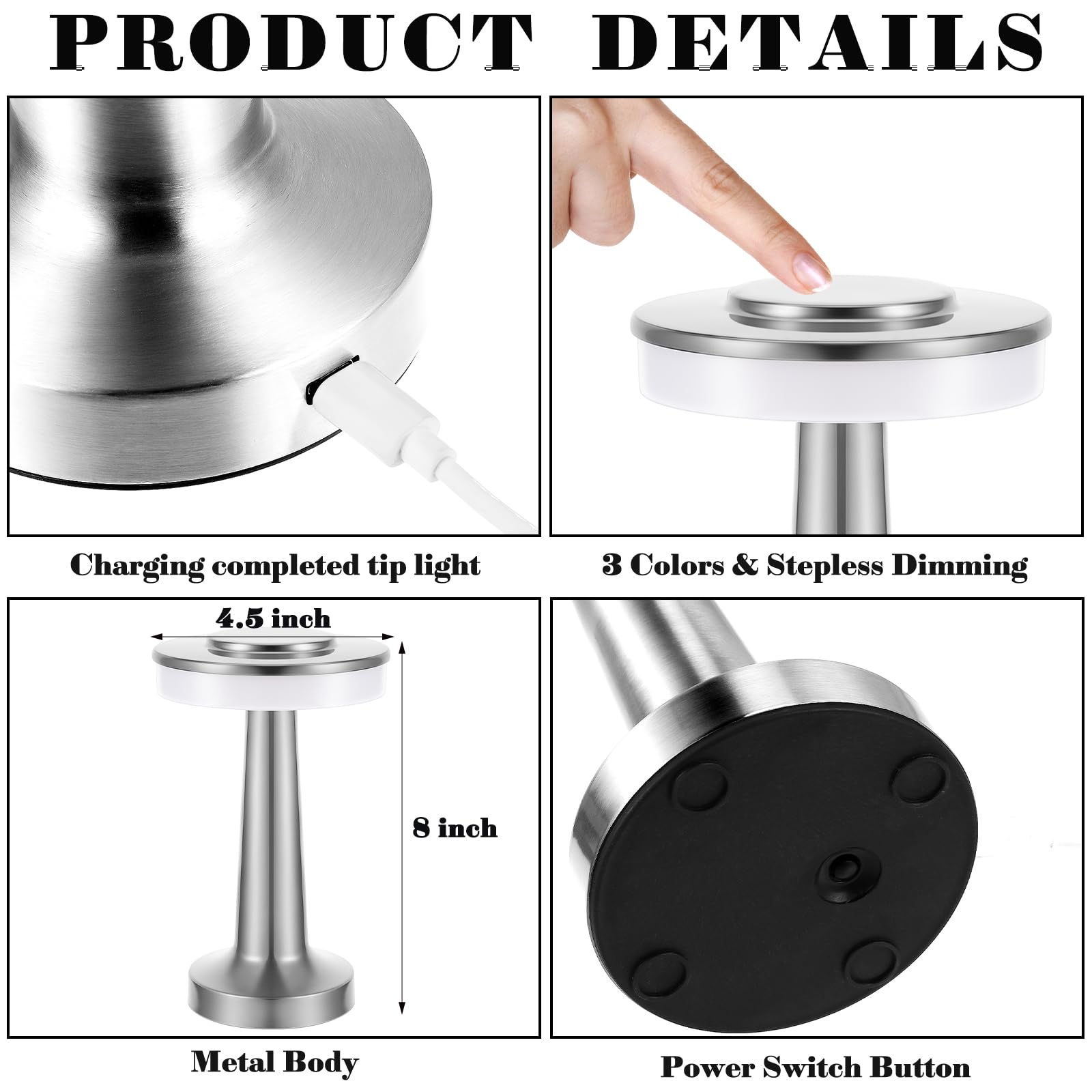 Riakrum Portable LED Table Lamp, Touch Sensor, 3 Color Dimming, Rechargeable, Silver