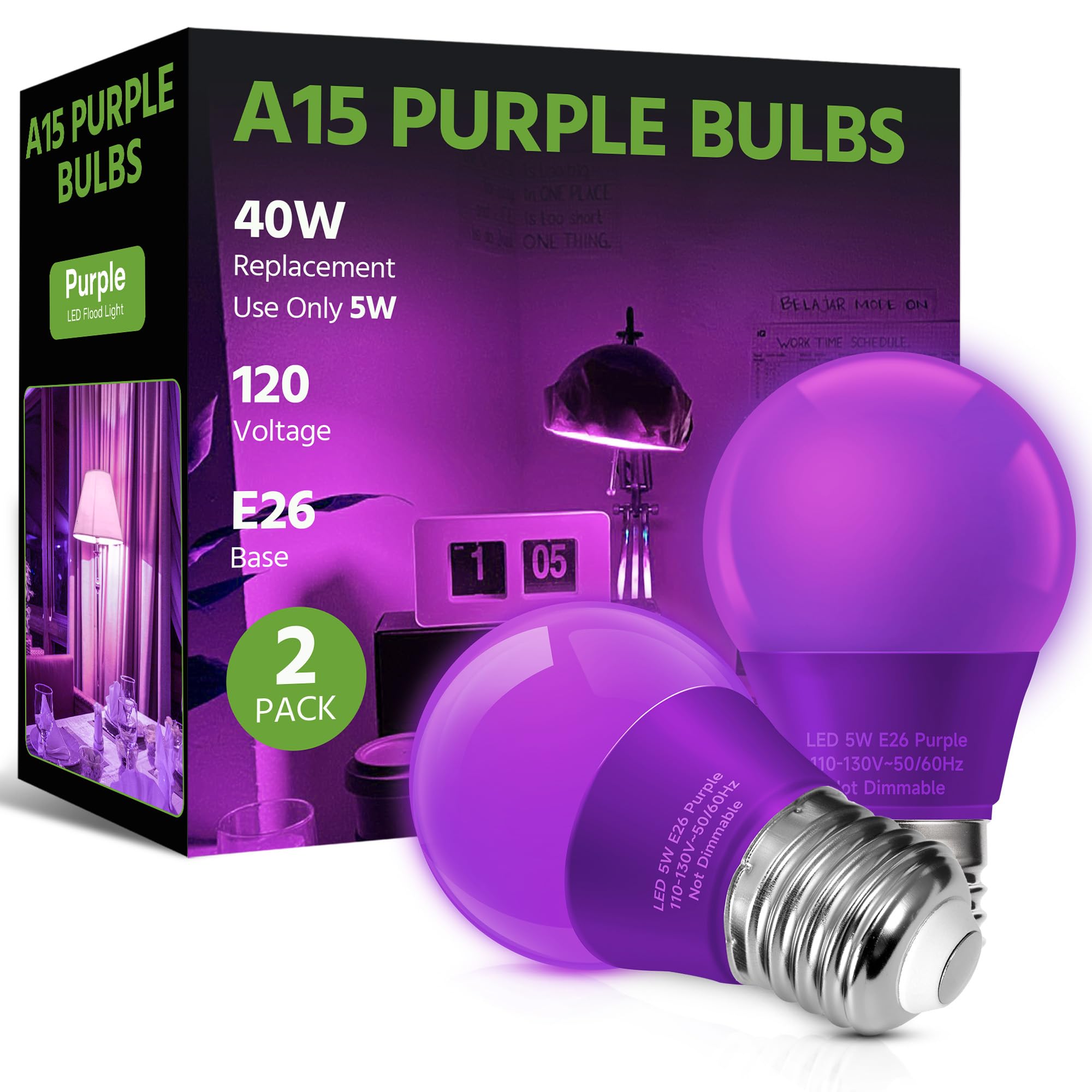 LED Purple Light Bulb, 40 Watt Equivalent LED A15 Bulb, 5 Watt Purple Color Light E26 Medium Bulb for Halloween, Christmas Decoration, Party, Bars, Porch Lights, Holiday Mood Lighting, Pack of 2