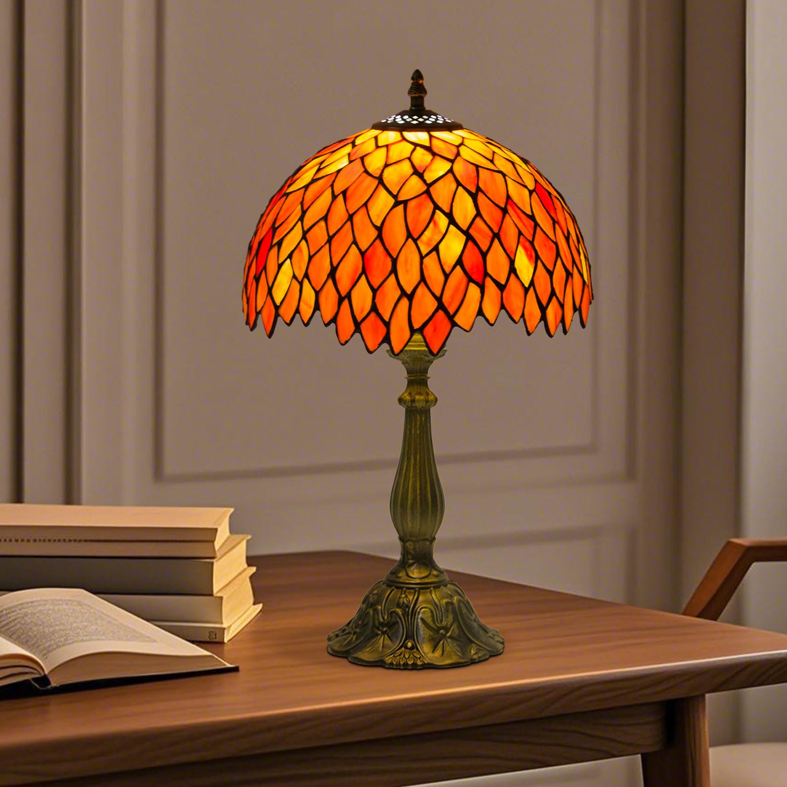 Crefotu 12 Inch Tiffany Table Lamp with Remote Control, Stepless Dimmable, Glass, Orange, Model CFLPUS-004