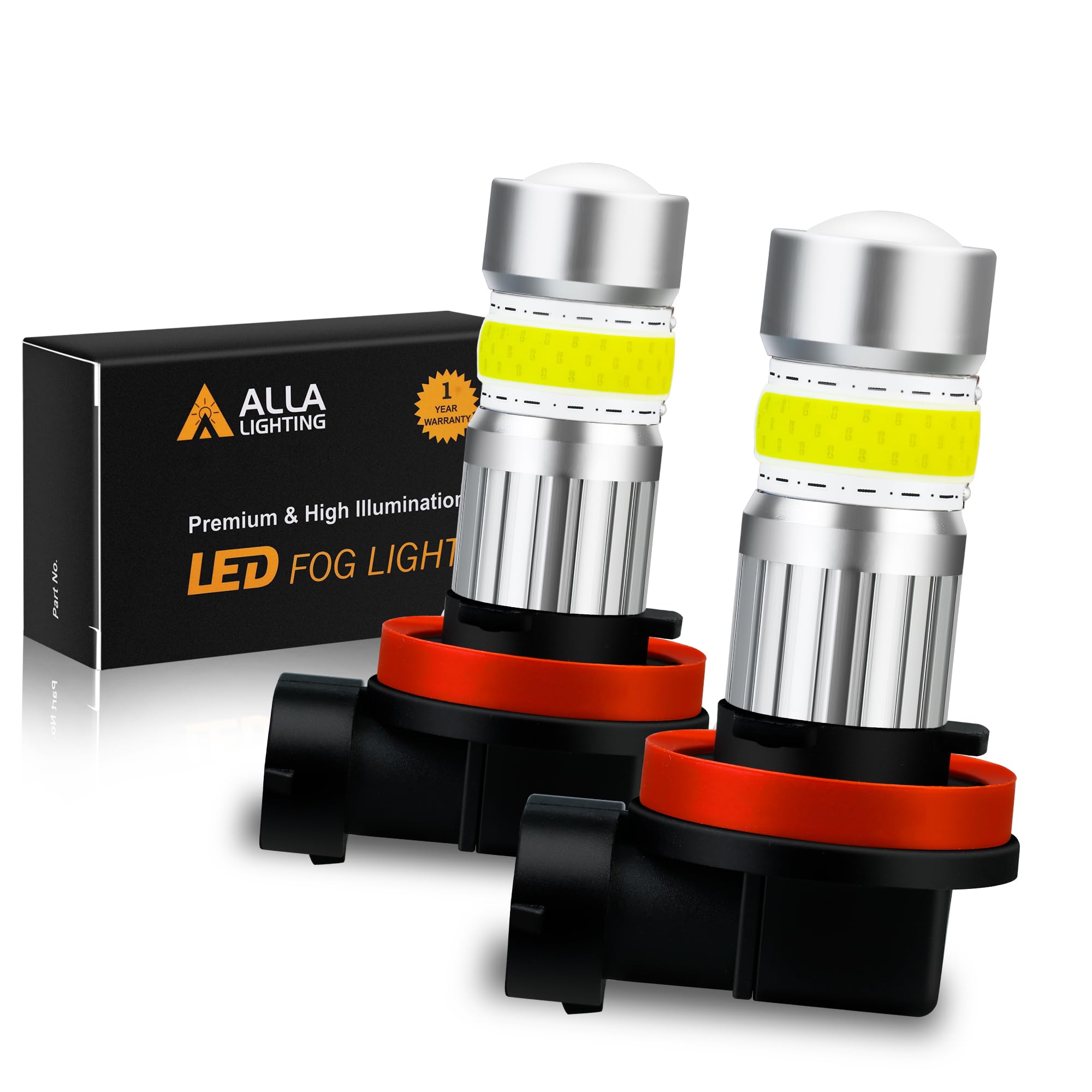 Alla Lighting H11 LED Fog Light Bulbs, 2800lm, 6500K Xenon White, Aluminum, Model Alla-COB-H11-72W