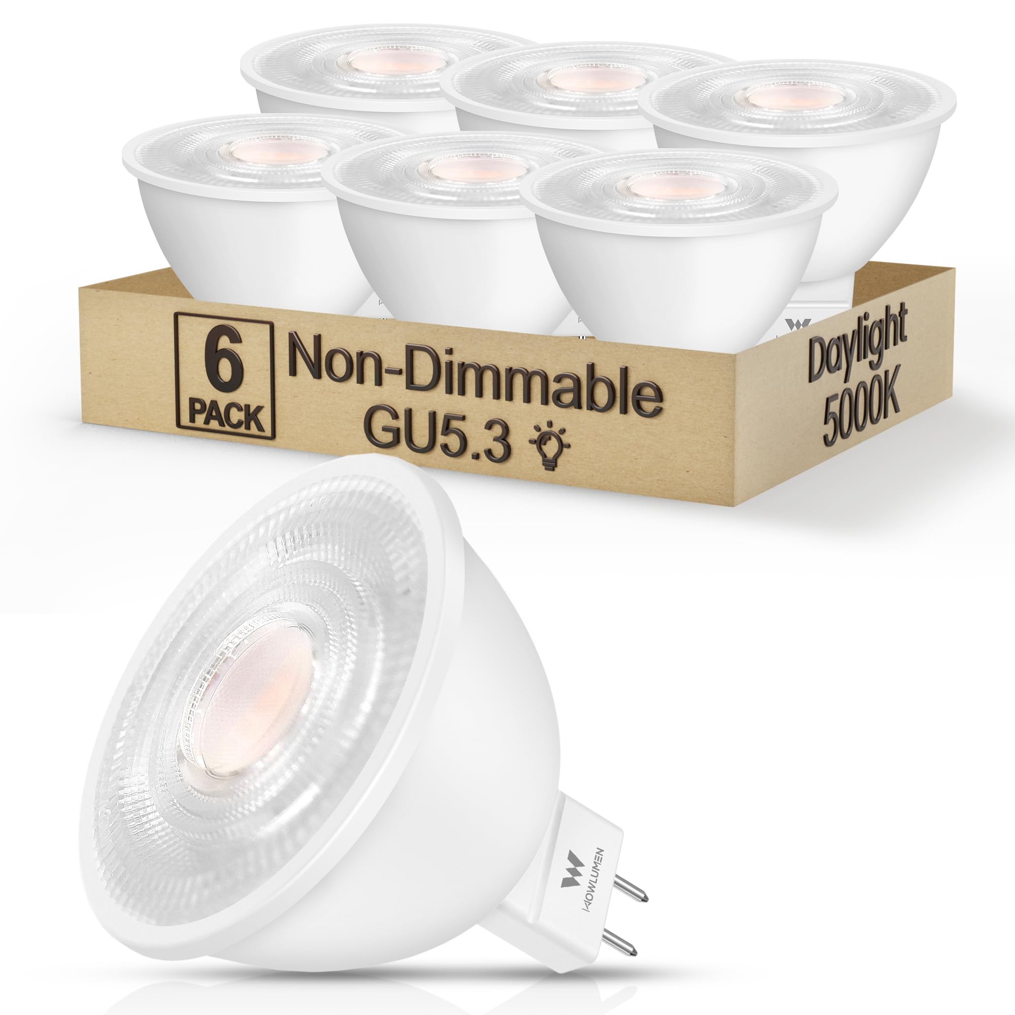 Wowlumen Mr16 Led Bulbs, 5W Led Light Bulb(50W Equivalent), 5000K Daylight, 500 Lumens, Non-Dimmable, Gu5.3 Bi-Pin Base, Energy 