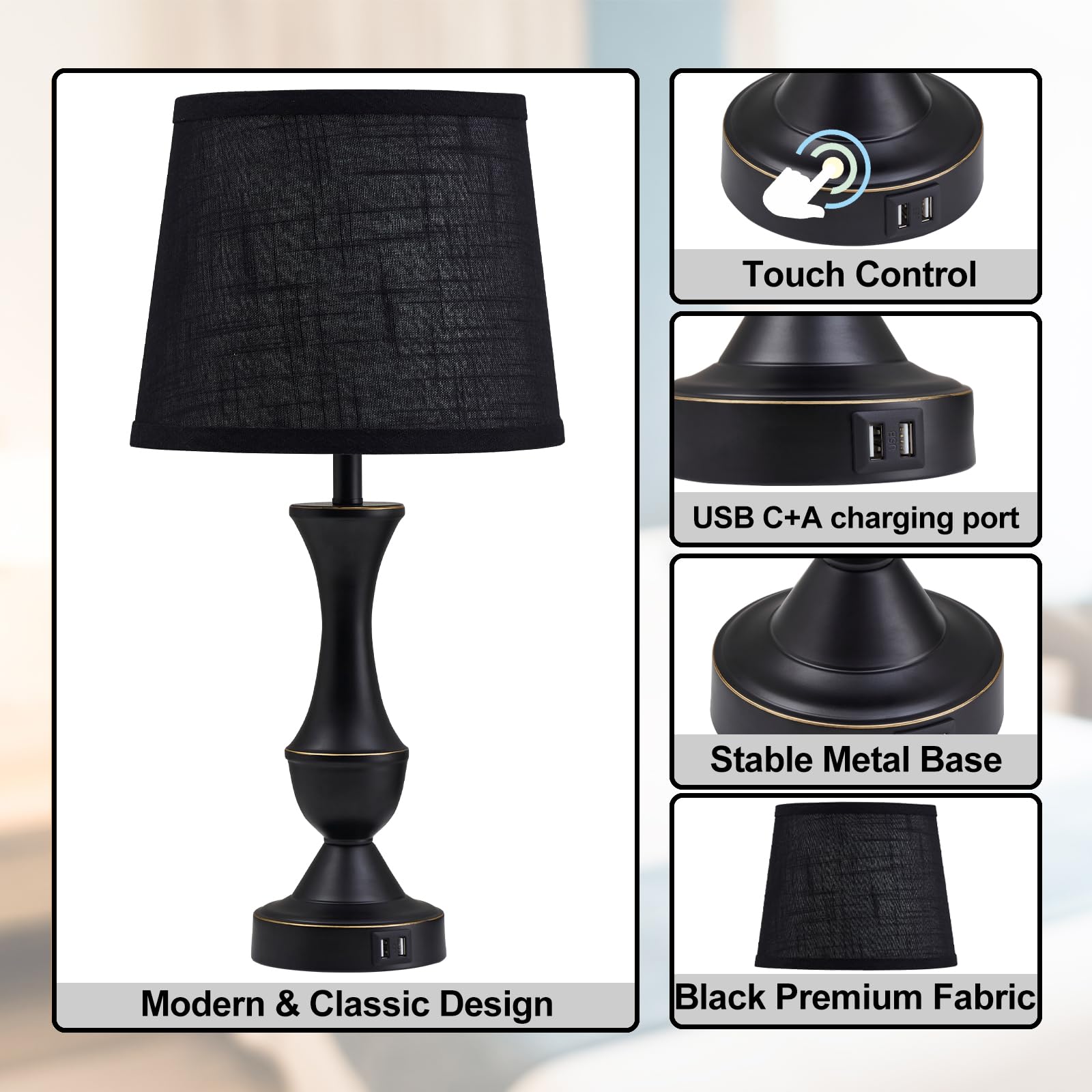 Luvkczc Black Touch Table Lamps Set Of 2, 22 Tall, Usb Charging Ports, Metal, Led Bulb Included