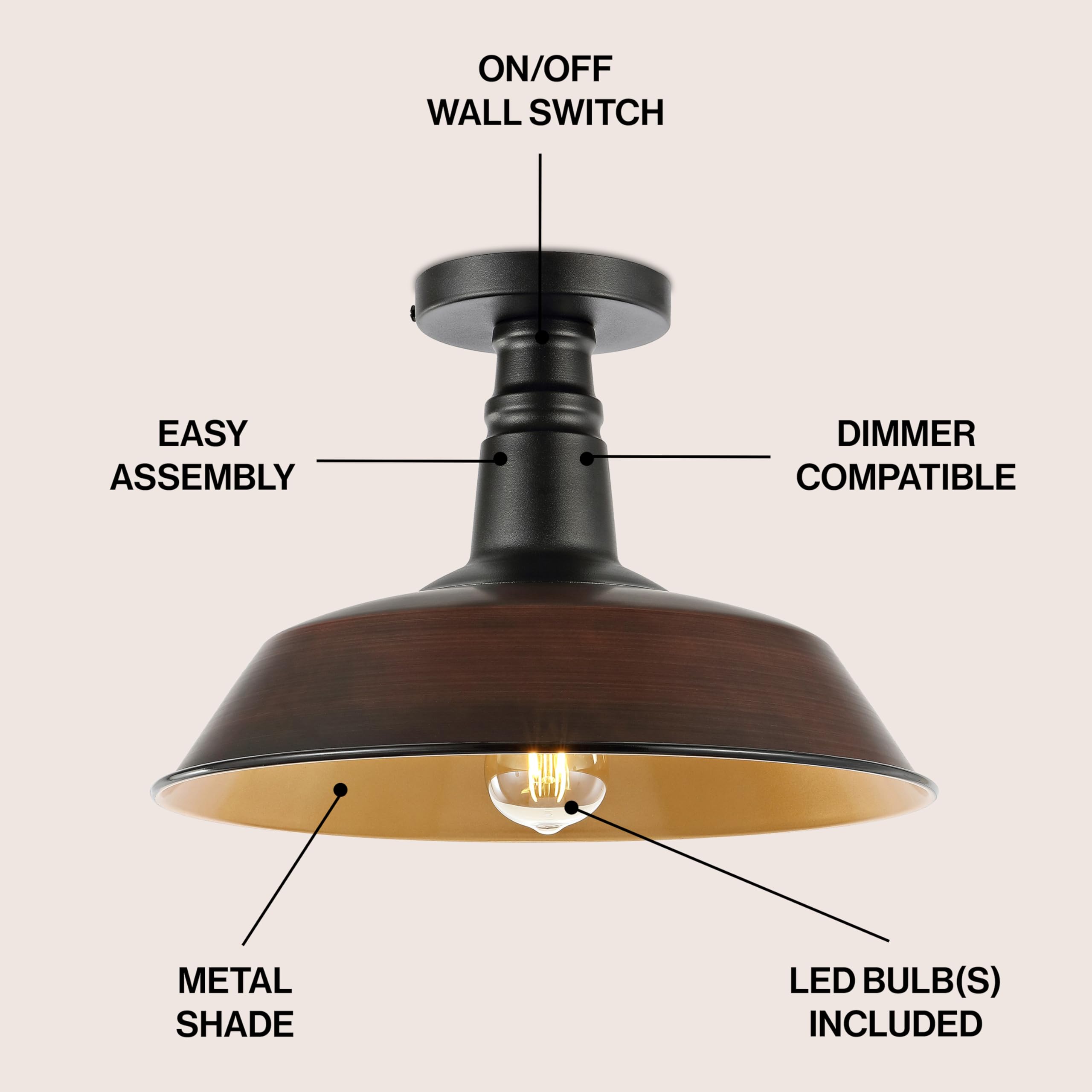 JONATHAN Y Camila 14in 1-Light LED Semi Flush Mount, Iron, Oil Rubbed Bronze/Copper, Model JYL7617G
