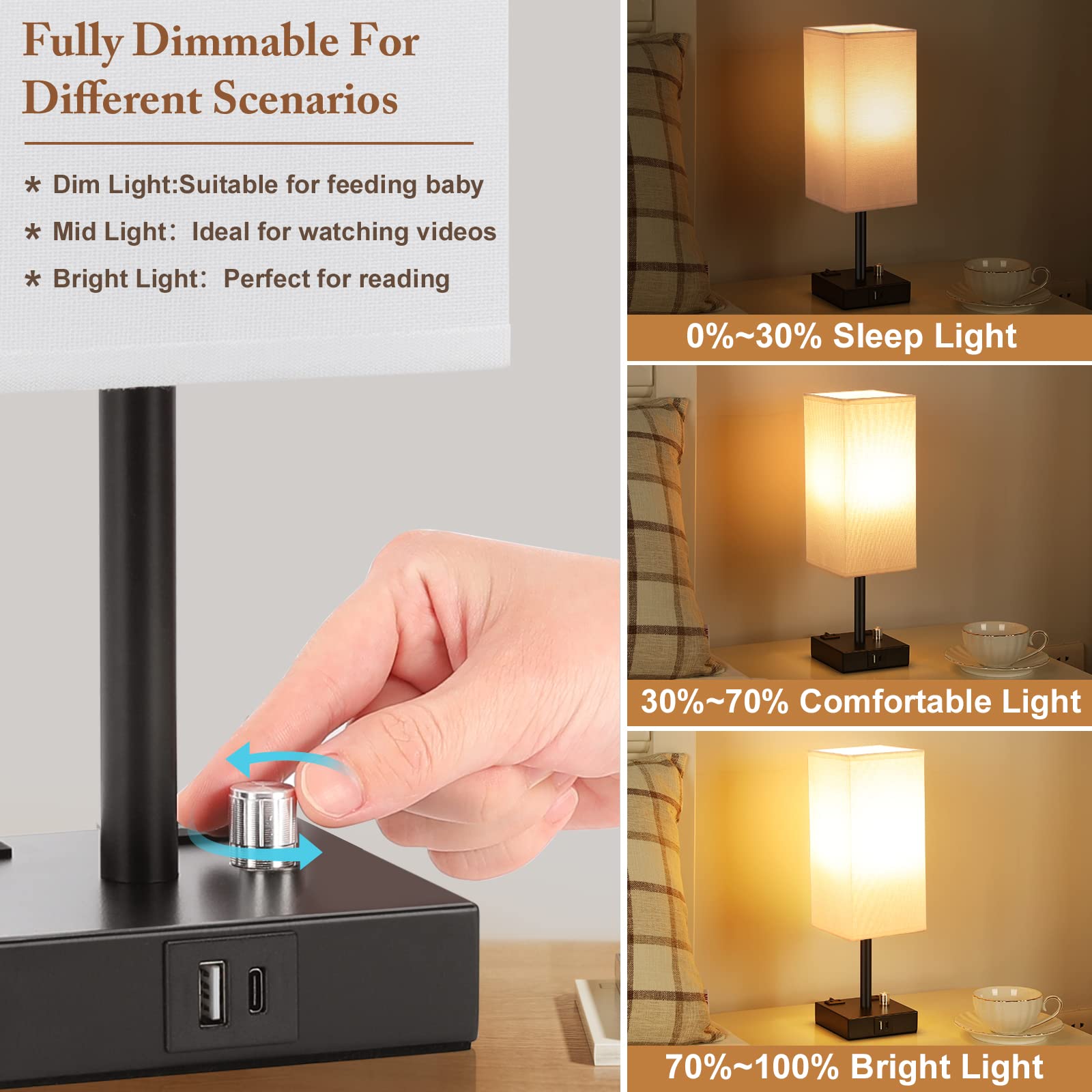 White Fully Dimmable Nightstand Lamps Set Of 2 - Table Bedside Lamp With Usb C+A Charging Ports & 2 Ac Outlets, Square Lamp Sets