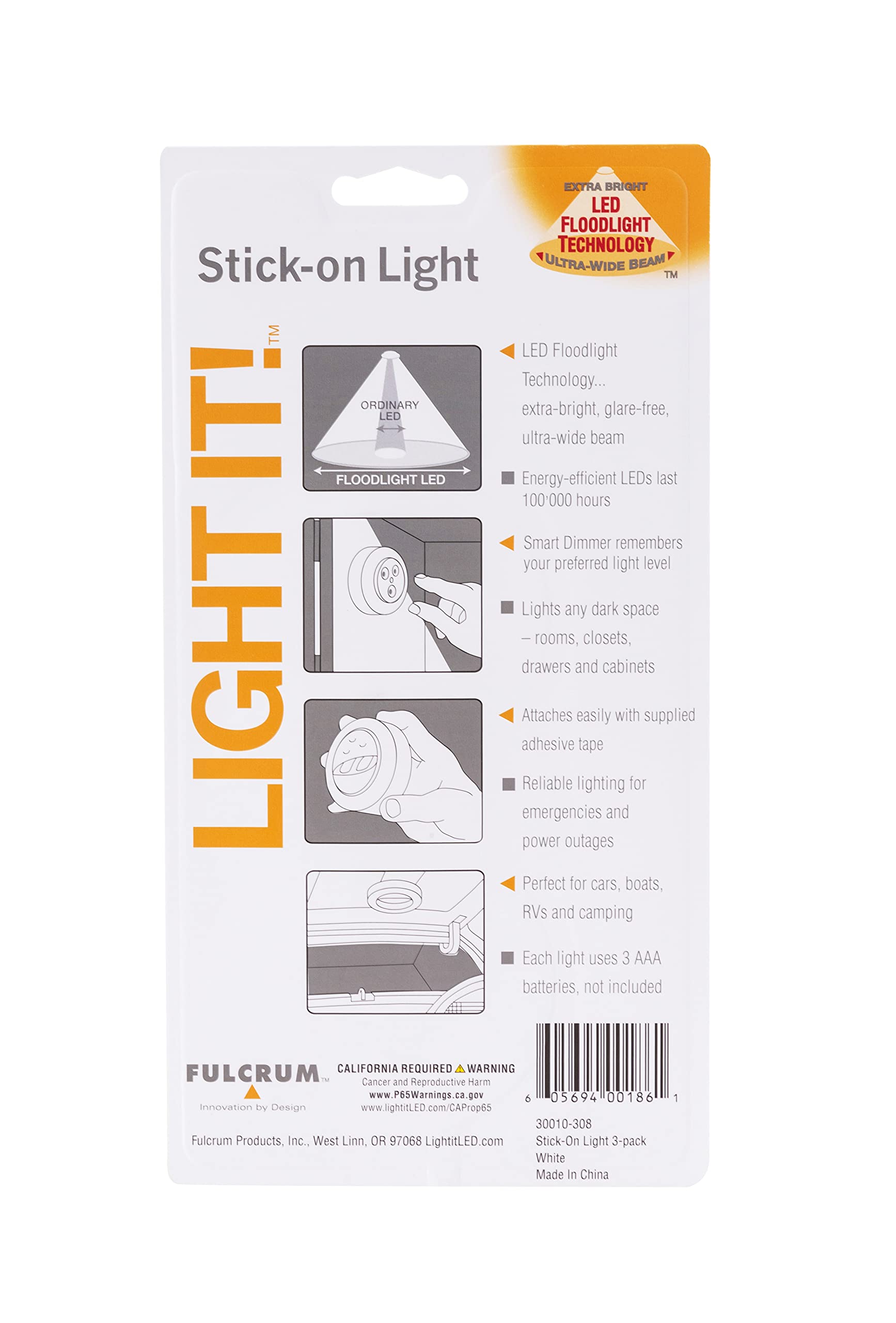 LIGHT IT! by Fulcrum Stick-On Light, Metal, 3 Pack, White, Model 30010-308