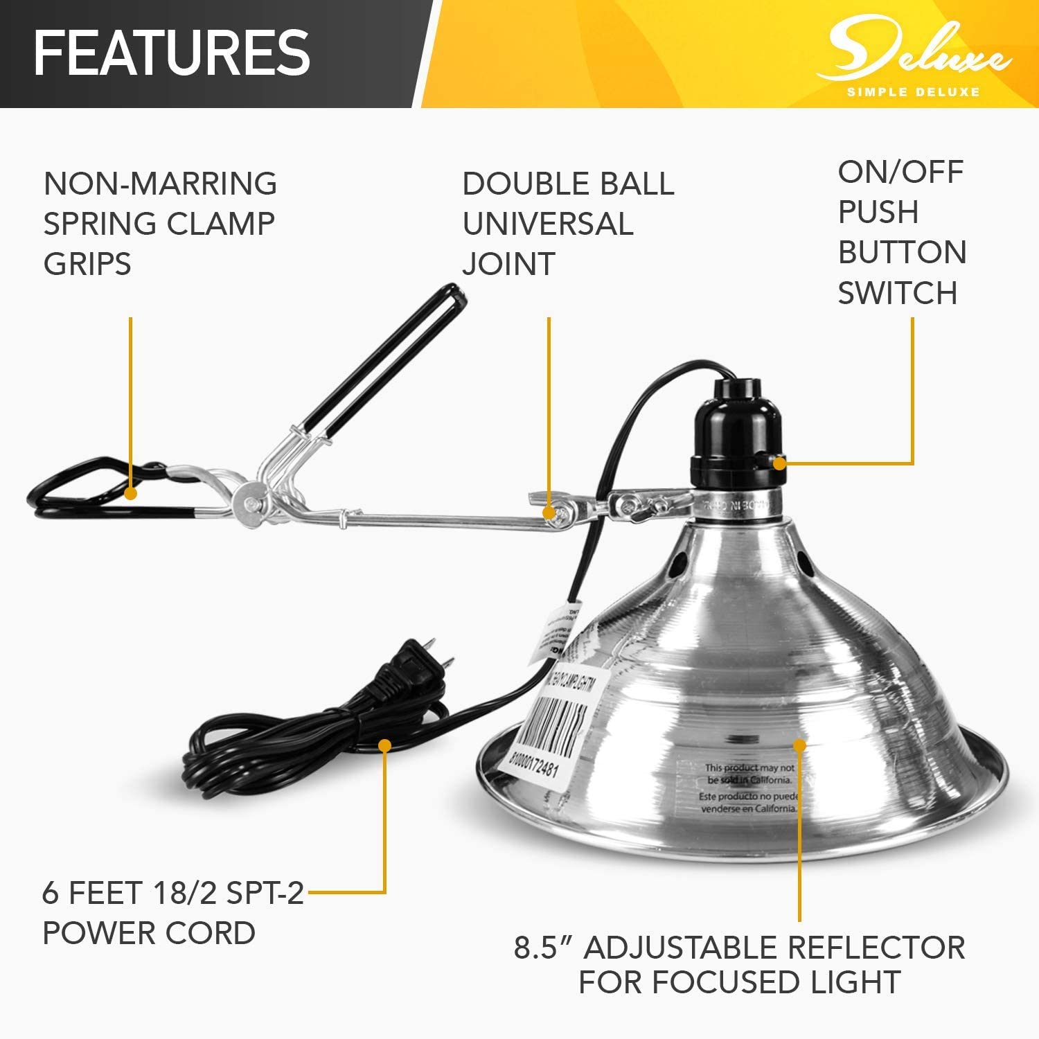 Simple Deluxe Tight Grip Clamp Lamp Light, 8.5" Aluminum Reflector, 150W E26 Socket, Silver, 6ft Cord, 1-Pack