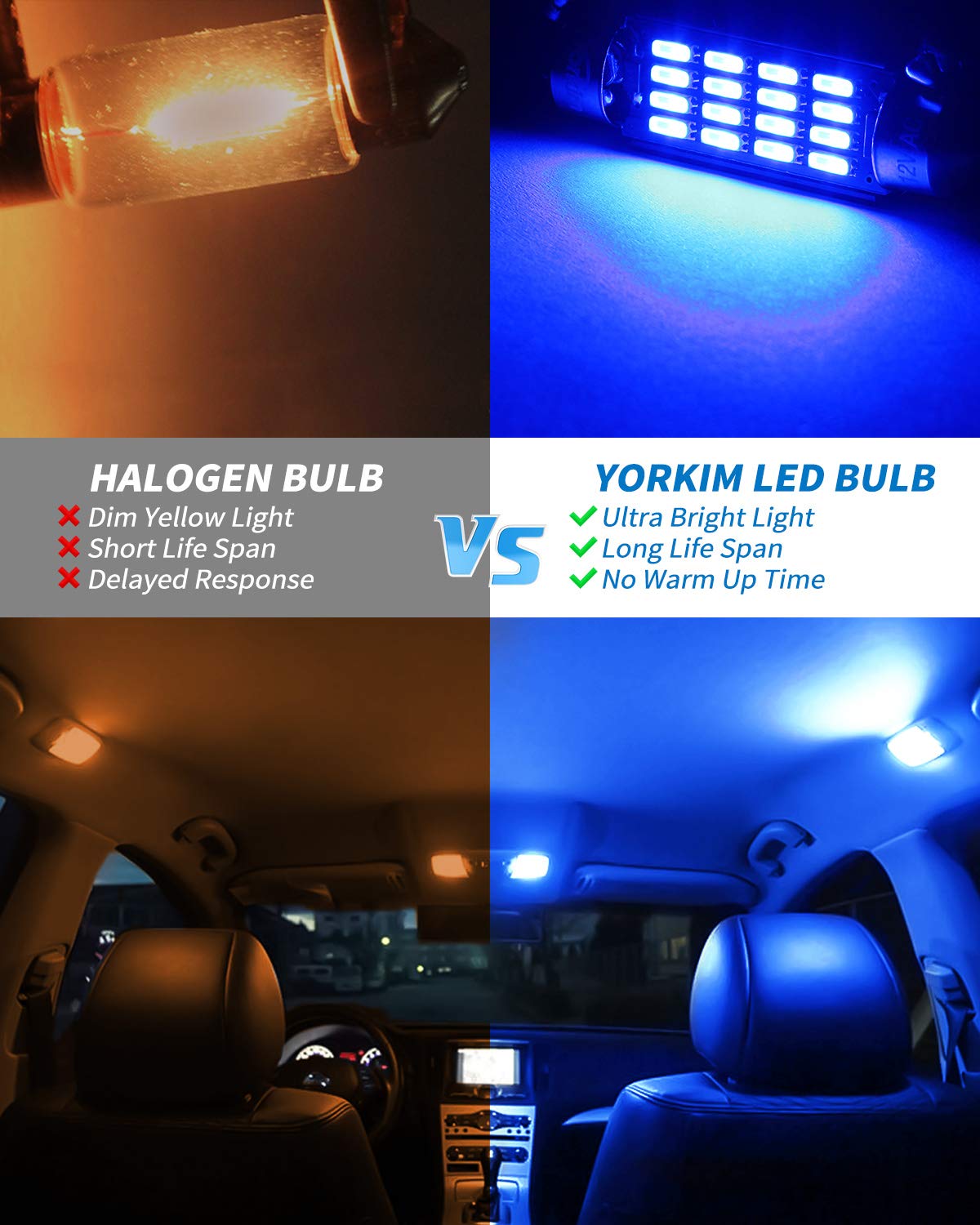 Yorkim Super Bright 578 Festoon Led Bulb Blue 16-Smd 4014 Chipset 212-2 Dome Light Led, 41Mm 42Mm Led Bulb Canbus Error Free, Le