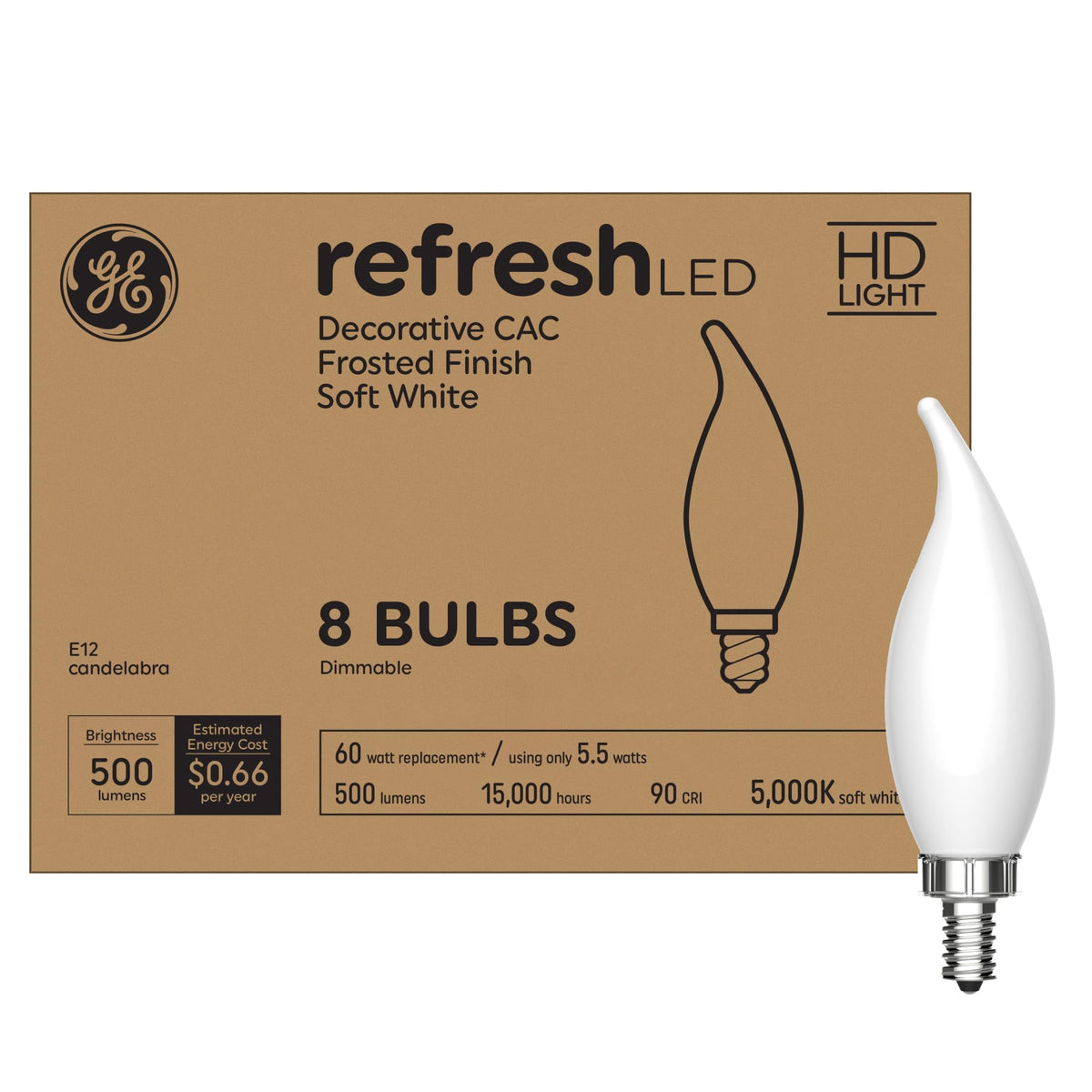 Ge Refresh Led Light Bulbs, 60W, Daylight Candle Lights, Frosted Decorative Light Bulbs, Small Base (8 Pack)