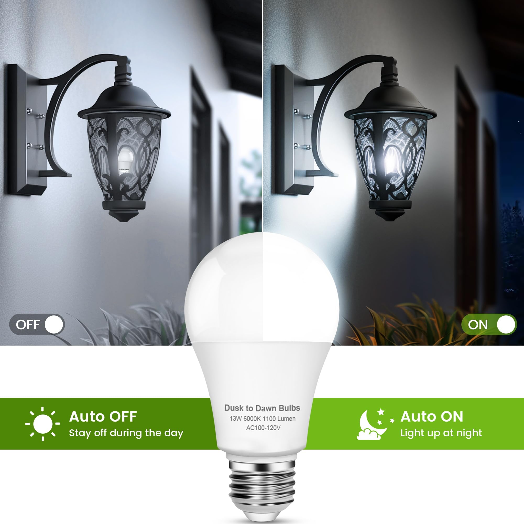 Ohlux Dusk To Dawn Outdoor Light Bulb, 13W 60W Equivalent Energy Saving A19 E26 Led Bulb, 5000K Cool White Smart Automatic On Of