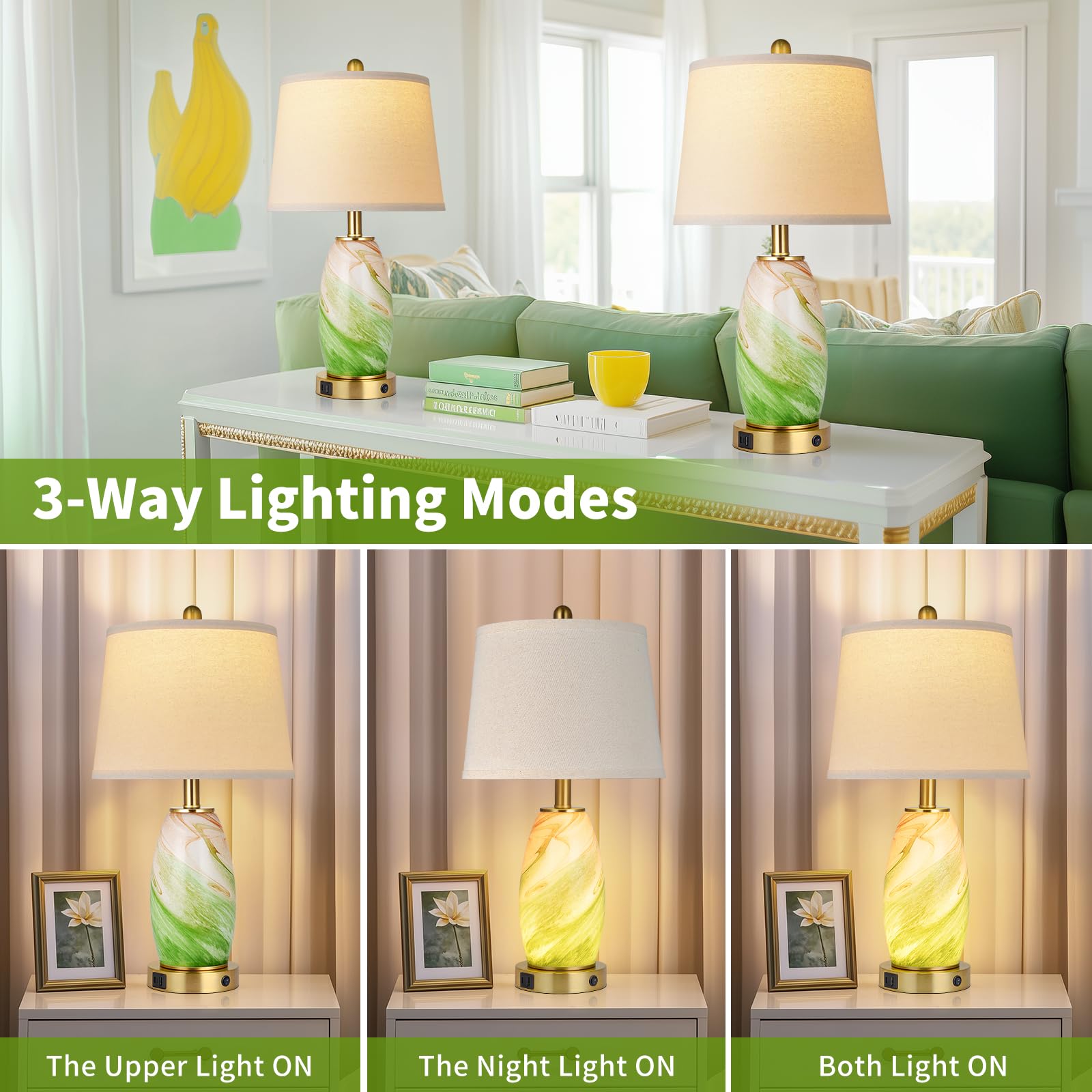 Lovlast Green Lamps Set Of 2 For Bedroom & Bedside With 3-Way Lighting Modes & Usb C+A - Modern Style Glass Nightstand Table Lam