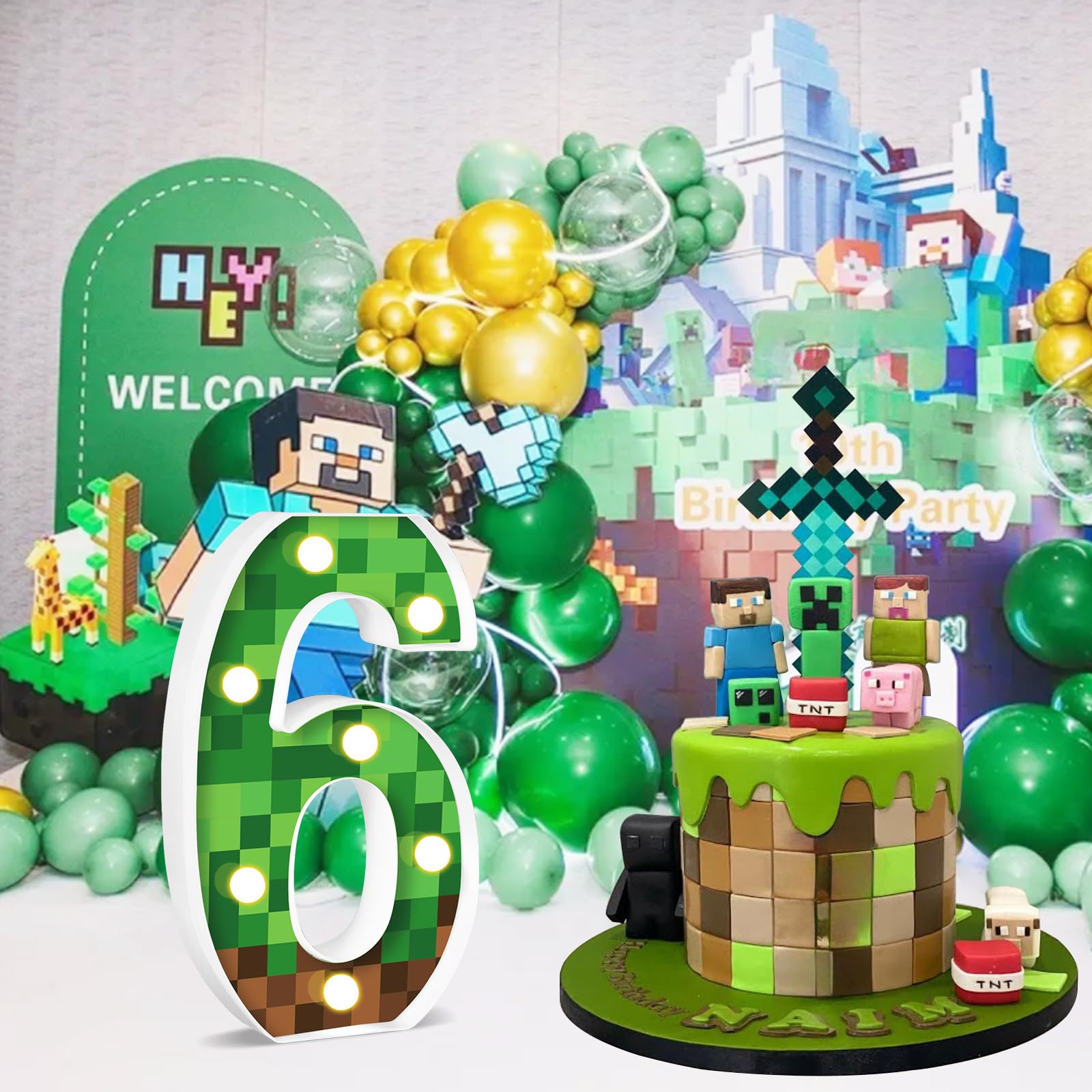 AXBMM Pixel Game Birthday Decorations Light Up Sign, Number 6, Green/Brown, PP Plastic, LED, Model XY-371