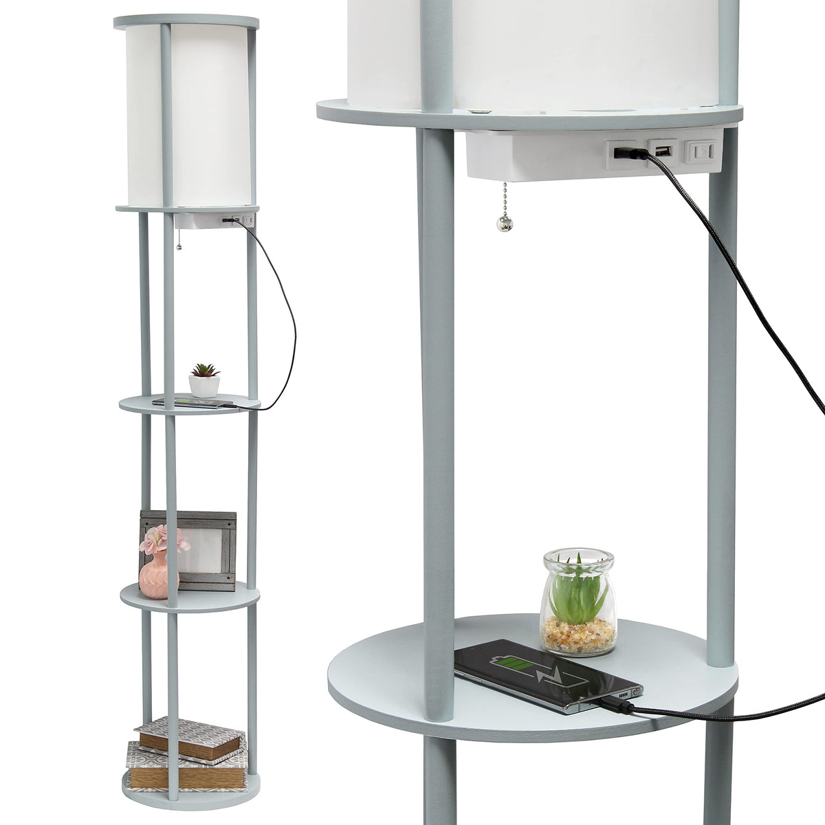 Simple Designs 62.5&quot; Round Floor Lamp With Usb Ports & Linen Shade, Grey Etagere Organizer