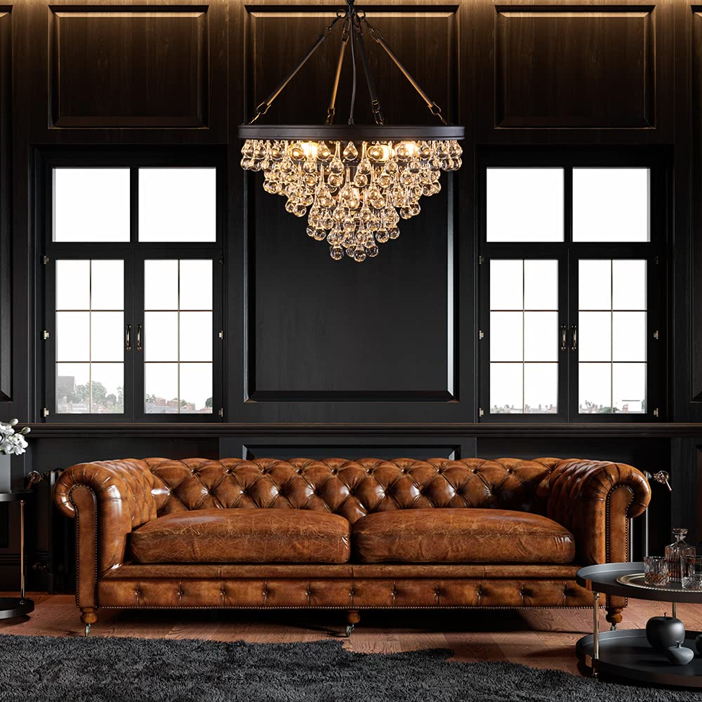 Wellmet Modern Crystal Chandeliers, 6 Lights Black Chandeliers for Dining Room, Farmhouse Ceiling Light Fixture for Foyer, Bedro