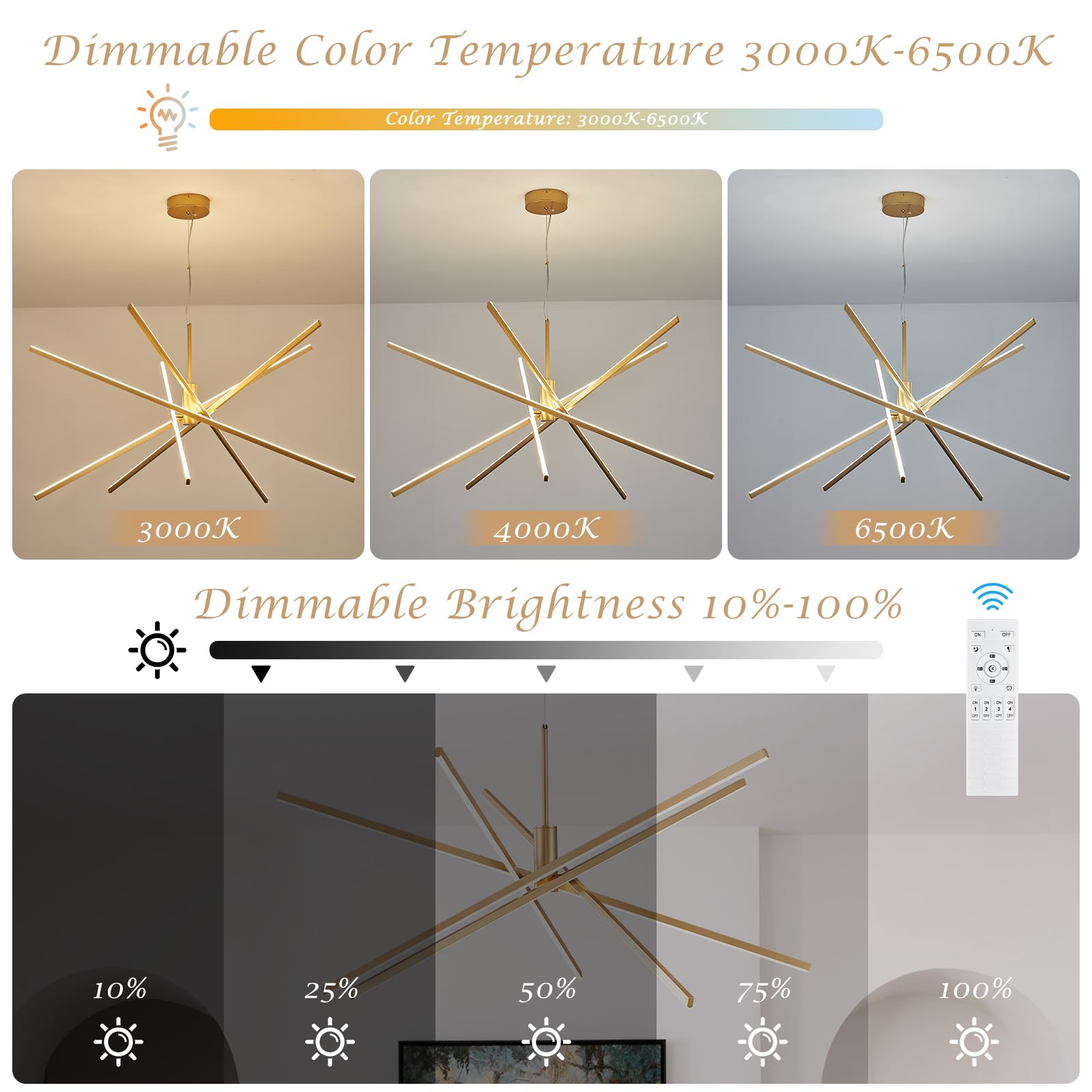 AIRYPHANT Gold Chandelier - 47" Modern Remote Control Light Fixture for High Ceilings, 5 Lights, Metal Design, Perfect for Living Room or Foyer