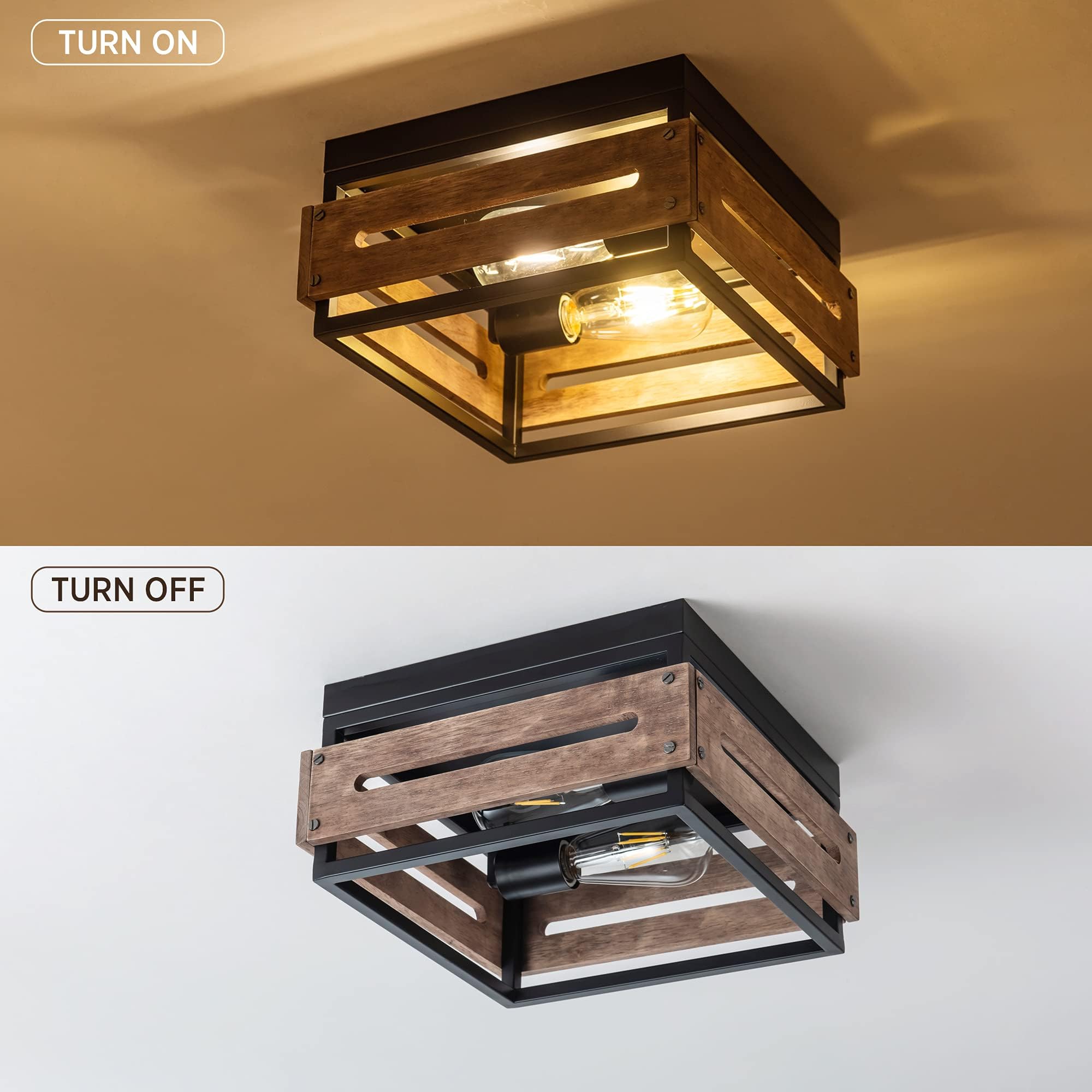 MAYNA 2-Light Flush Mount Ceiling Light Fixture, Rustic Metal & Wood, Brown, Model 5608-2X for Hallway, Entryway, Porch, Kitchen