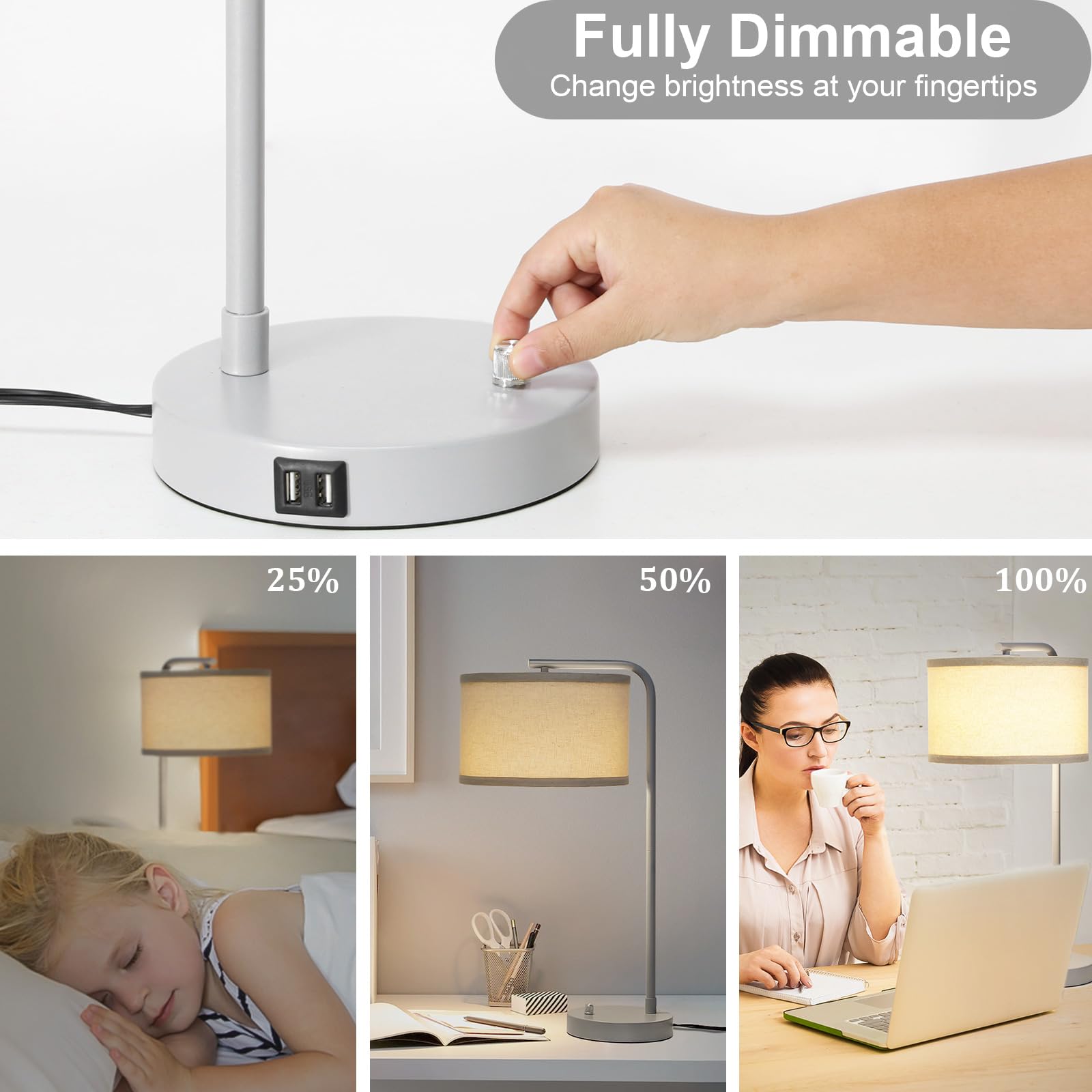 Table Lamp With Usb Ports, Fully Dimmable Nightstand Lamp For Living Room, Modern Grey Bedside Lamp, Tall Table Lamp With Beige