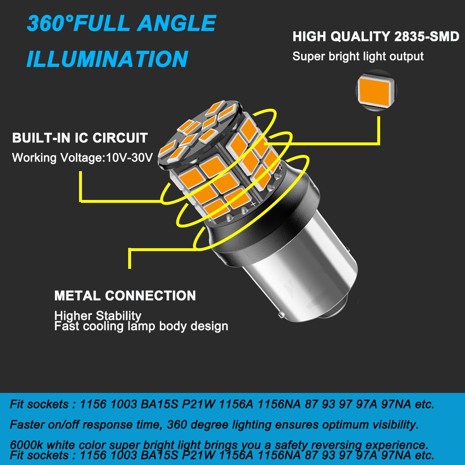 Serundo Auto 1156 LED Bulb, 12V 24V, Super Bright Yellow, Pack of 2, BA15S for Back Up Lights and Tail Lights
