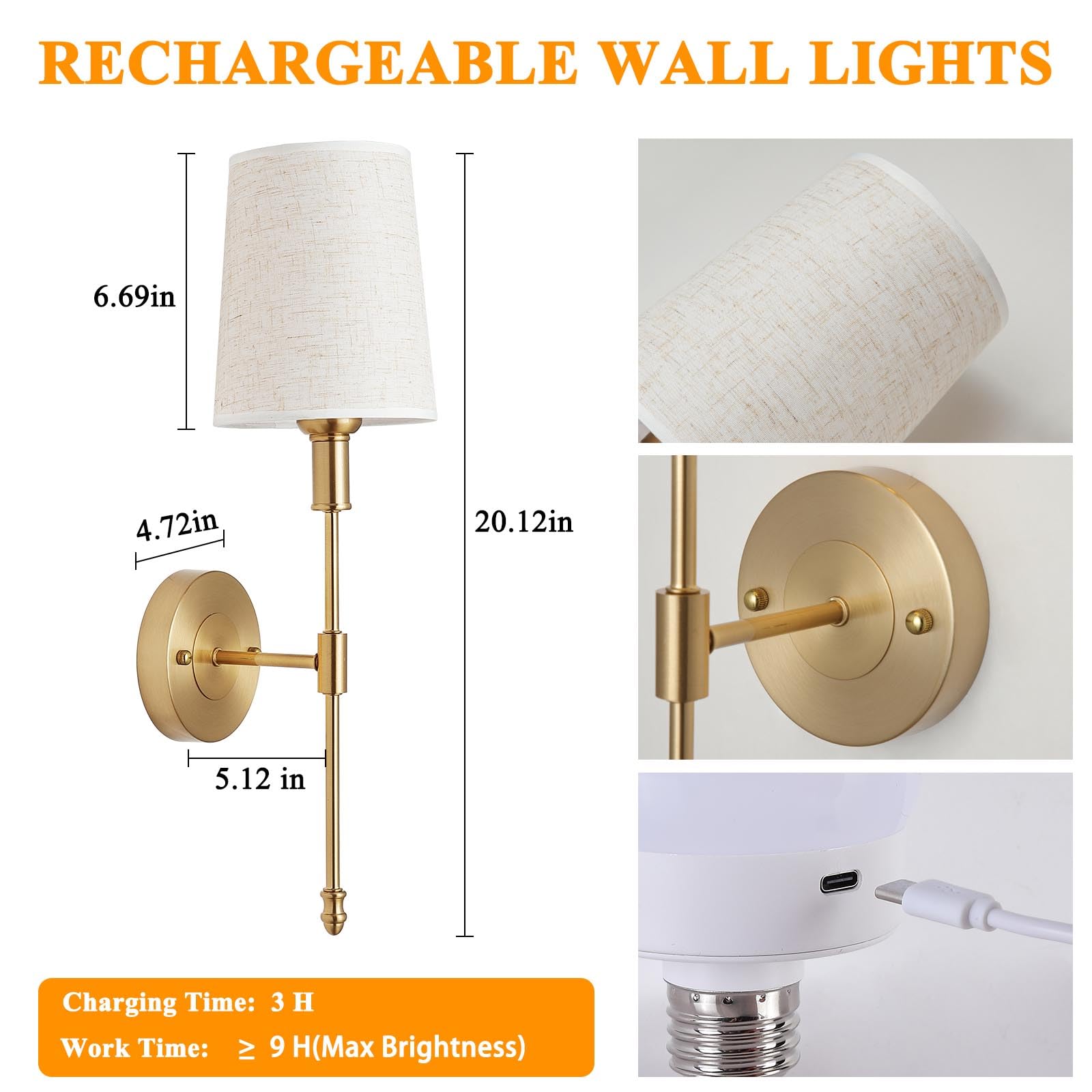 Hotran Battery Operated Wall Sconce Set Of Two,Gold Wireless Modern With Remote Control Rechargeable Dimmable Wall Lighting Indo
