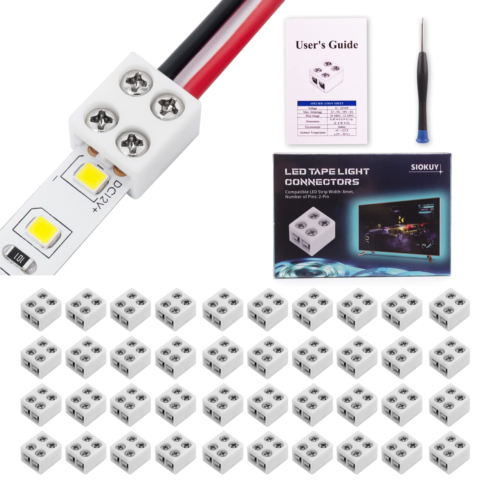 SIOKUY 40 PCS 2-Pin 10mm Solderless LED Strip Connectors, Reliable and Easy-to-Install, Solidly Connected LED Light Connectors