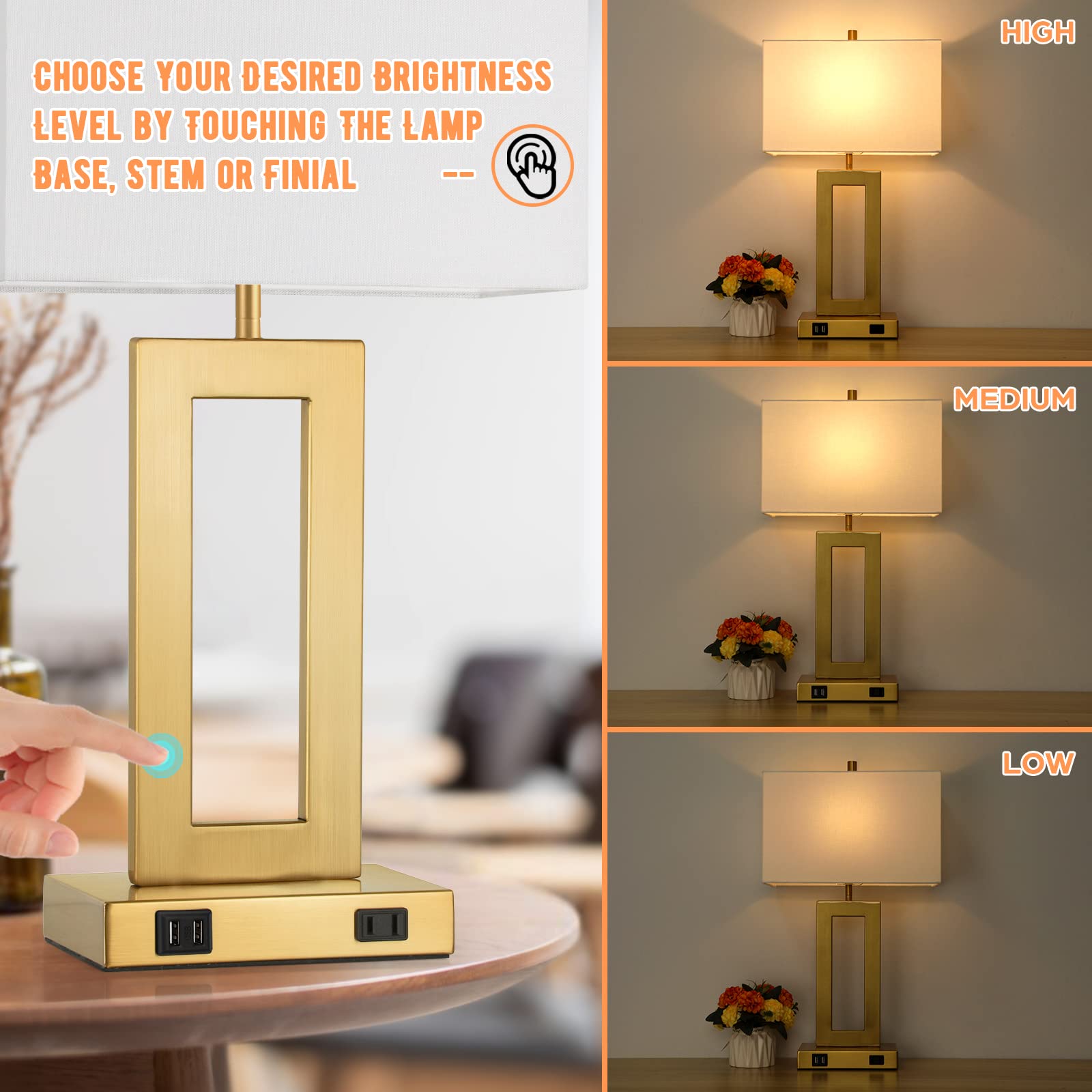 TOBUSA 22" Gold Table Lamps Set of 2 with USB, Touch Control, 3-Way Dimming, E26 Bulbs, Vintage Modern Design for Bedrooms and Living Rooms