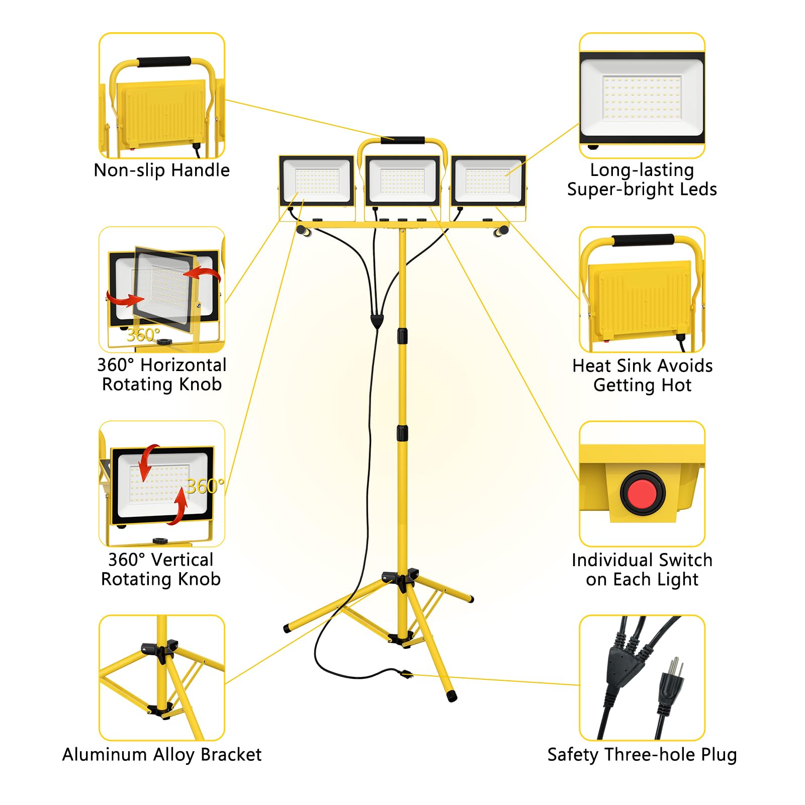 21000 Lumens Work Lights With Stand, 3 Adjustable Head Led Work Light, Waterproof Portable Lights With Individual Switch, Led Flood Light With 72 Inch Adjustable Metal Telescoping Tripod