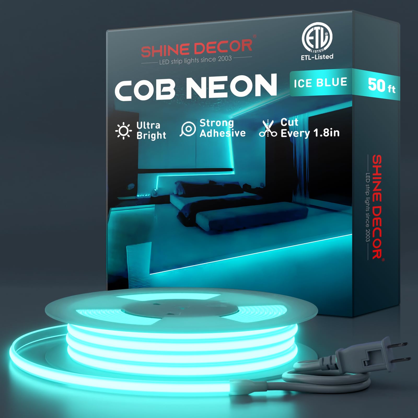 Shine Decor Cob Led Rope Light Ac 120V  800Lm Ultra Bright  Ip65 Waterproof Cold-Resistant Etl Neon Strip  No Driver Tape Lighting For Home Commercial 10X4.5Mm  Ice Blue  50Ft