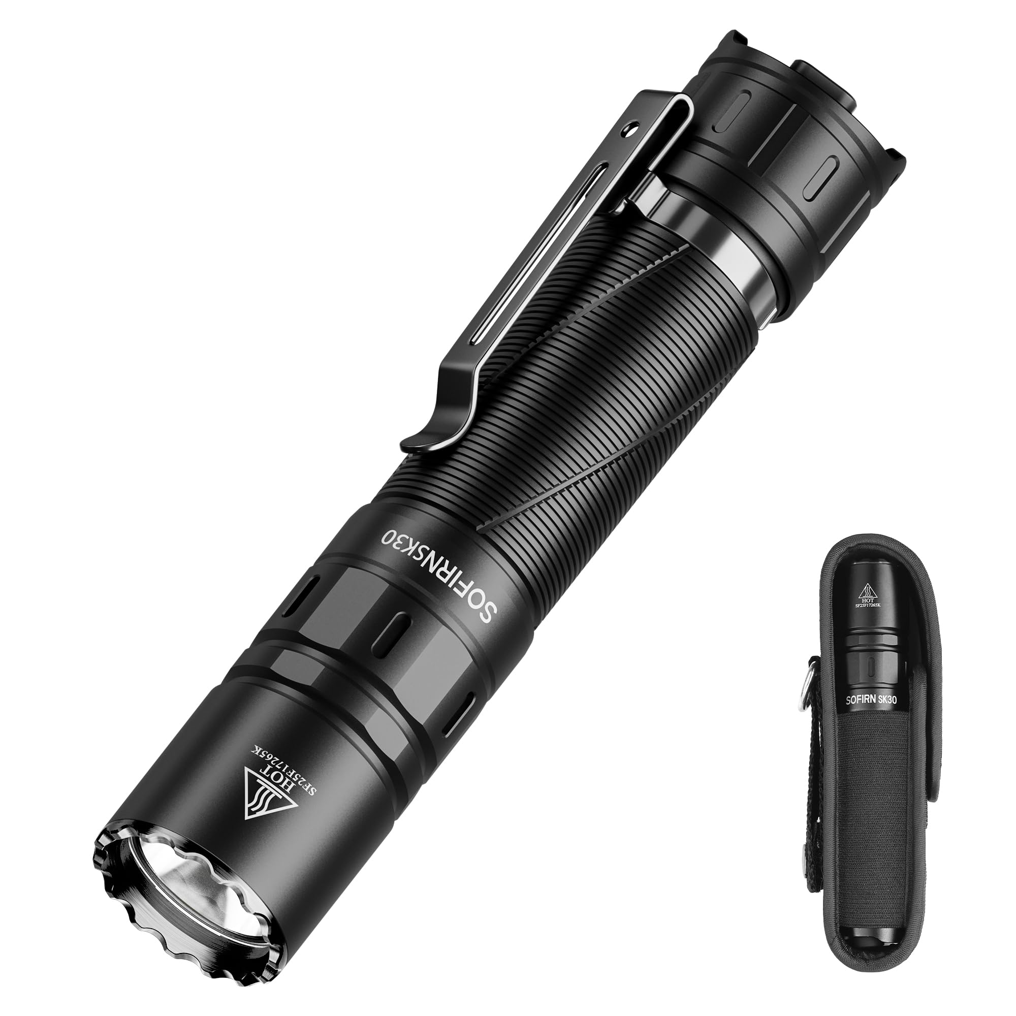 Sofirn SK30 Tactical Flashlight Rechargeable, 3000 High Lumens Pocket Flashlight with Holster, Dual Tail Switches 6 Modes IPX8 W